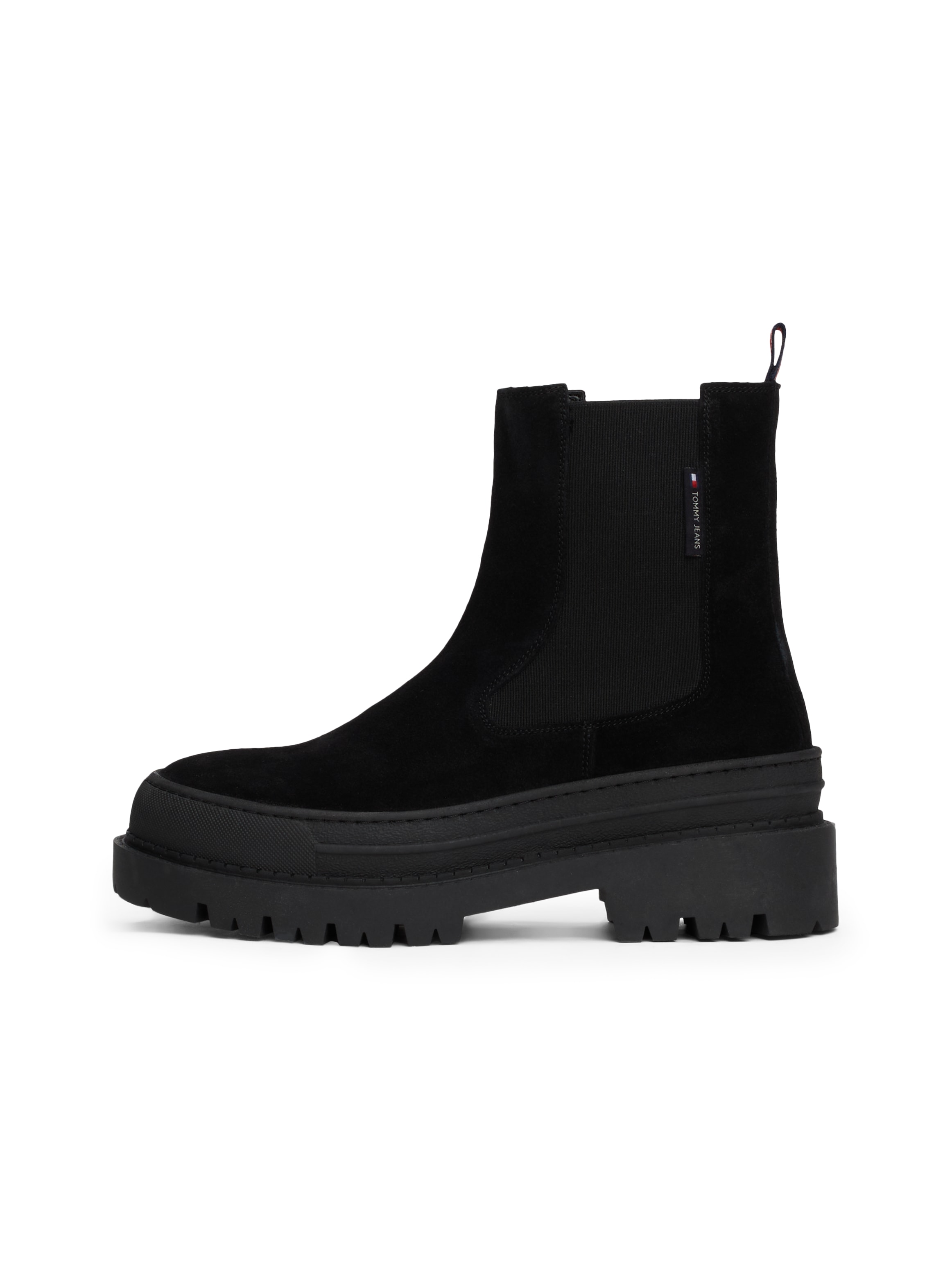 Tommy Jeans Chelseaboots »TJW FOXING CHELSEA SUEDE«, Blockabsatz, Schlupfboots, Stiefelette mit bunter Anziehlasche