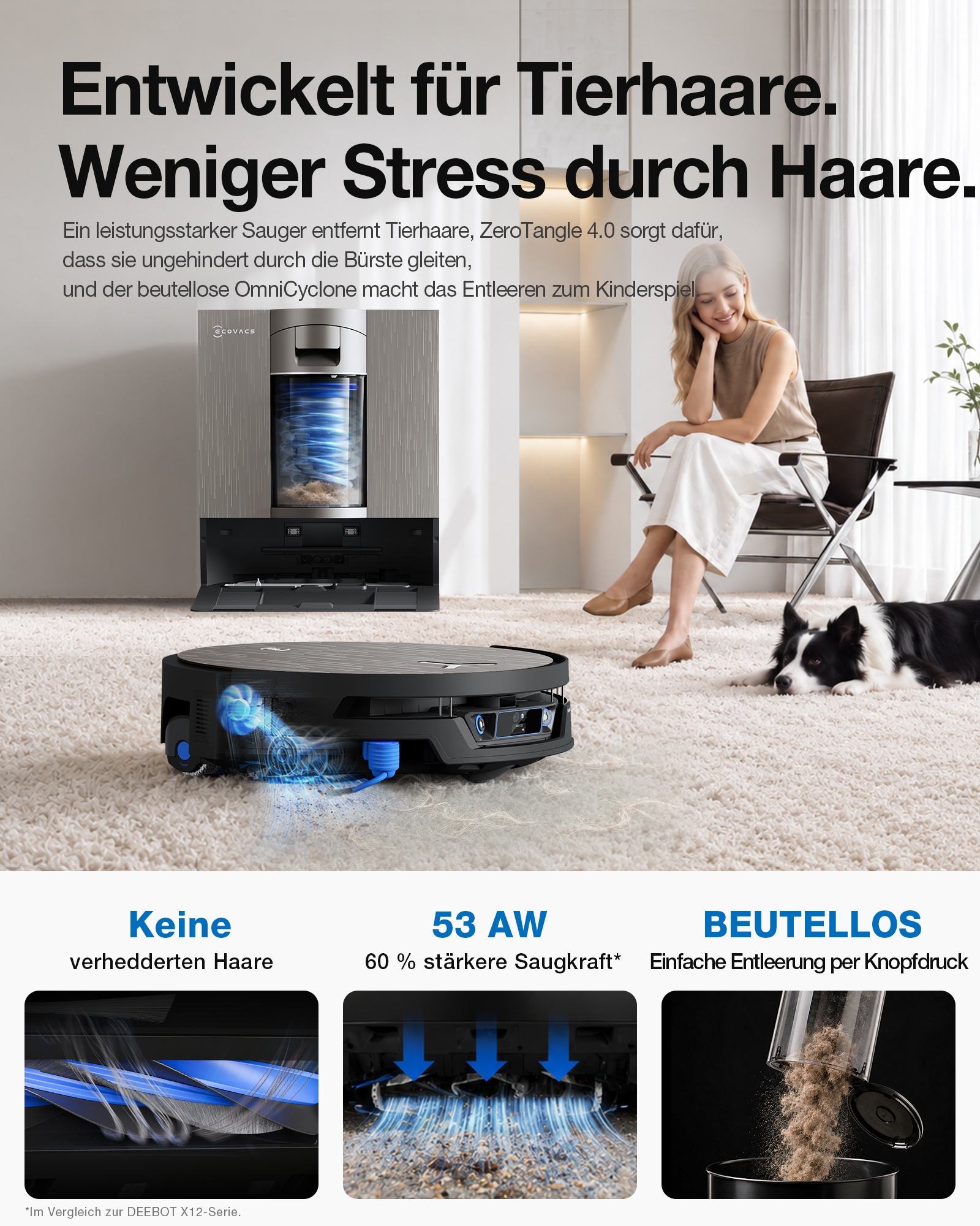 ECOVACS Nass-Trocken-Saugroboter »DEEBOT X12S, inkl. OmniCyclone Station« 27.000 Pa + 53 AW Saugleistung, 27cm Wischrolle