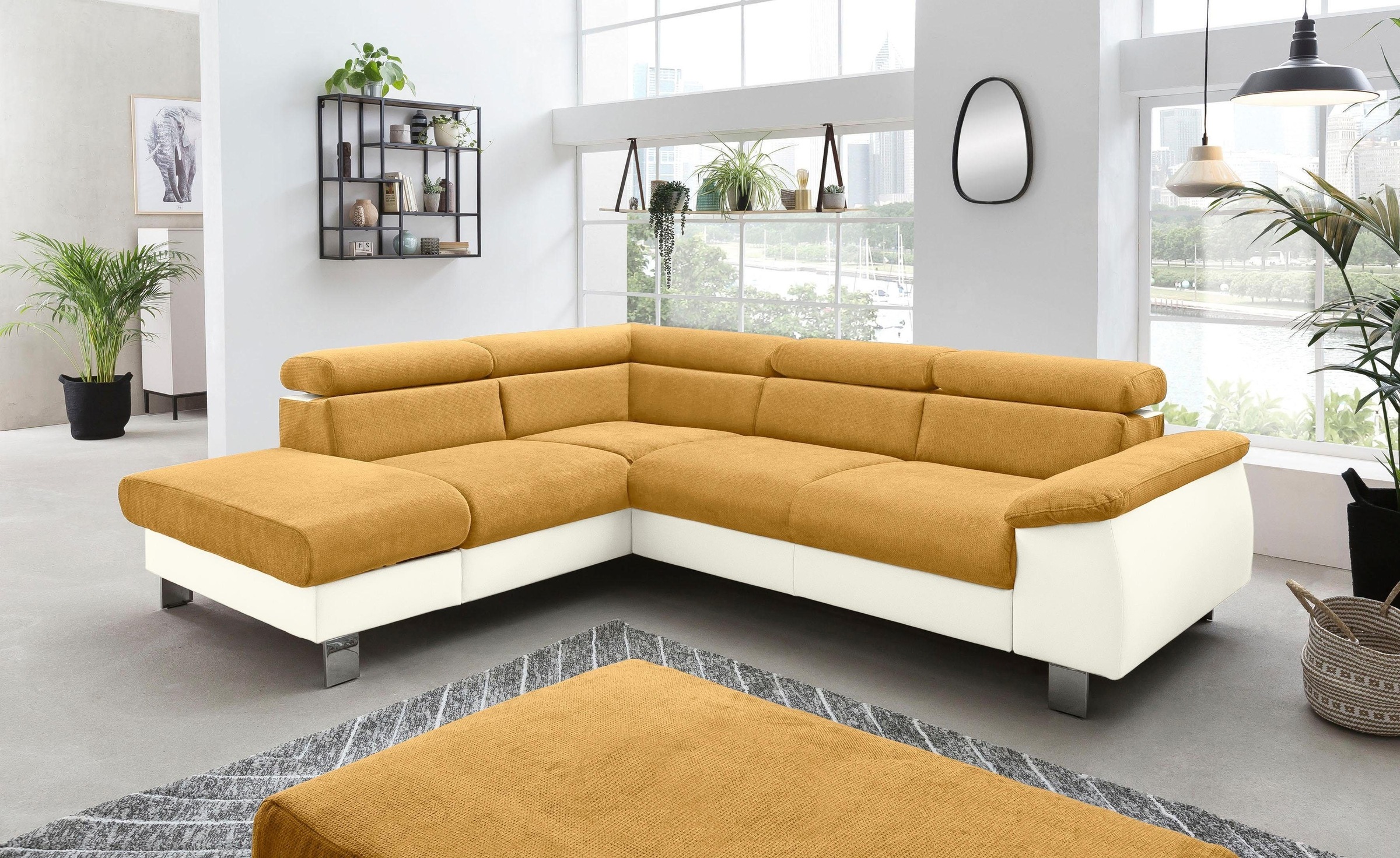 COTTA Polstergarnitur »Komaris«, (Set), Set: bestehend aus Ecksofa und Hocker, Kopfteilverstellung