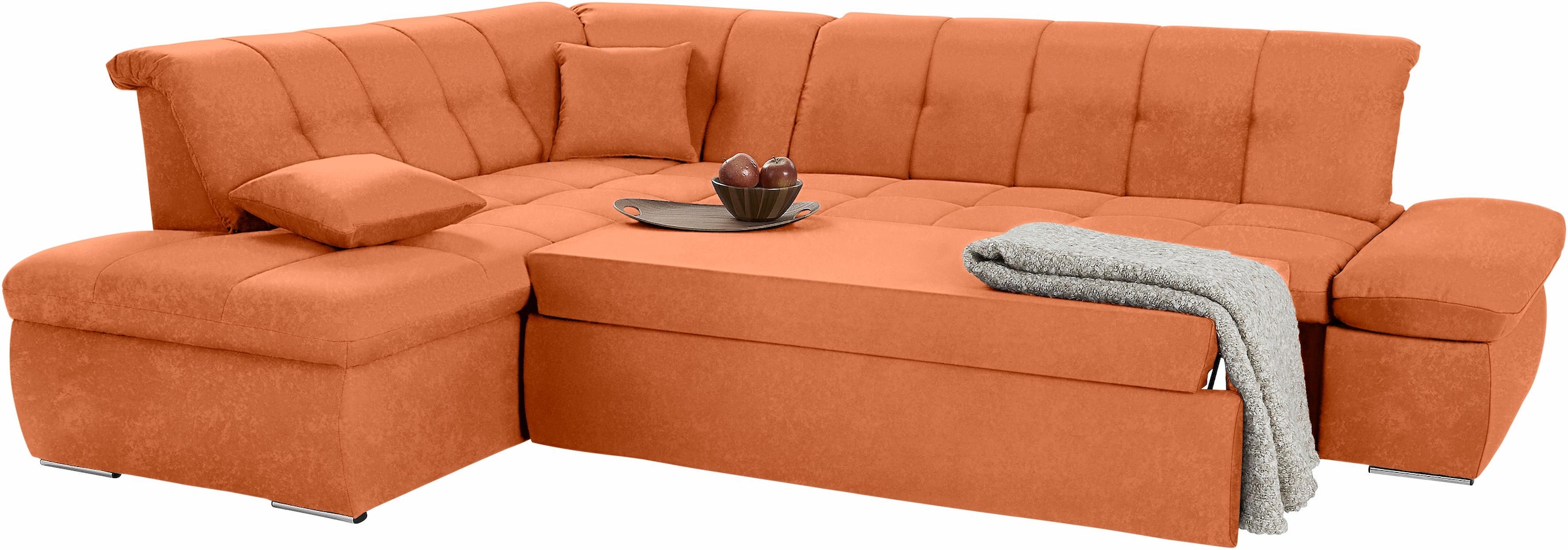 DOMO collection Ecksofa »NMoric incl. Zierkissen B/T/H: 273/216/80 cm L-Form«, Ottomanen-Abschluss, wahlweise mit Bettfunktion und Armlehnverstellung
