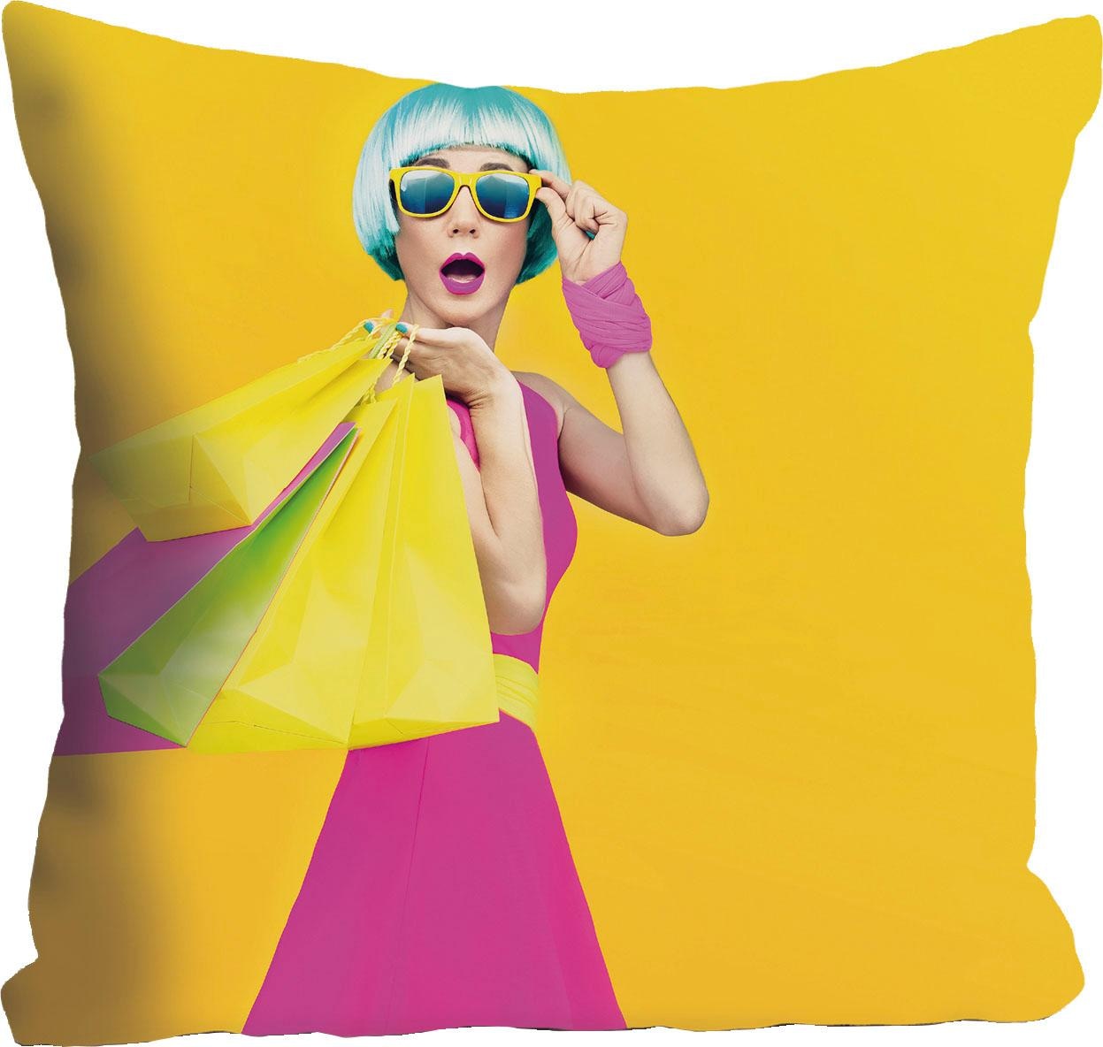 queence Dekokissen »Frau mit Einkaufstüten«, mit intensiven Farben, Kissenh günstig online kaufen
