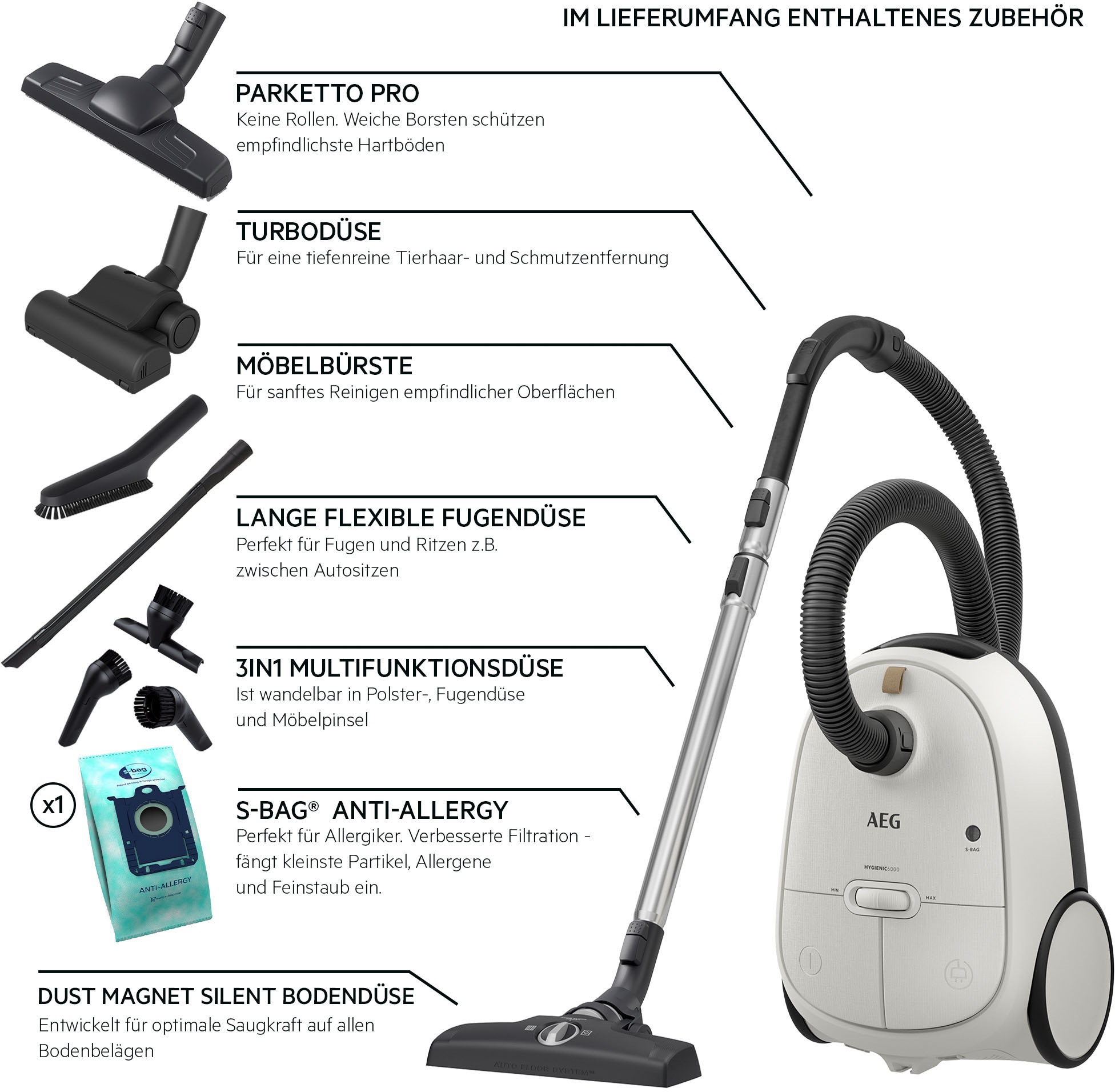 AEG Bodenstaubsauger »HYGIENIC 6000 (AB61H6SW)« 850 mit Beutel hohe Sauglei günstig online kaufen