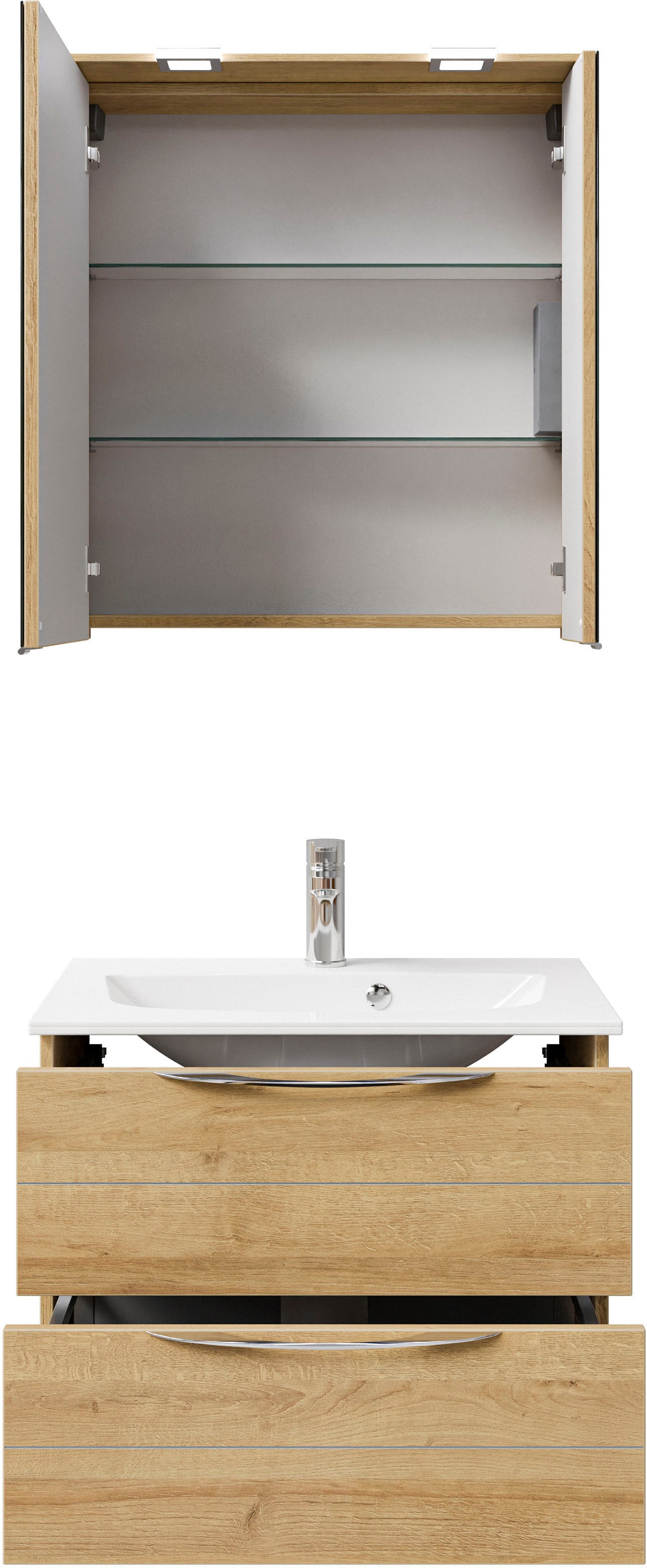 Saphir Badmöbel-Set »Serie 6025 2-teilig Mineralmarmor-Waschtisch mit LED-Spiegelschrank«, (2 St.), Waschplatz 67 cm breit, 2 Schubladen, 2 Spiegel-Türen, inkl Türdämpfer