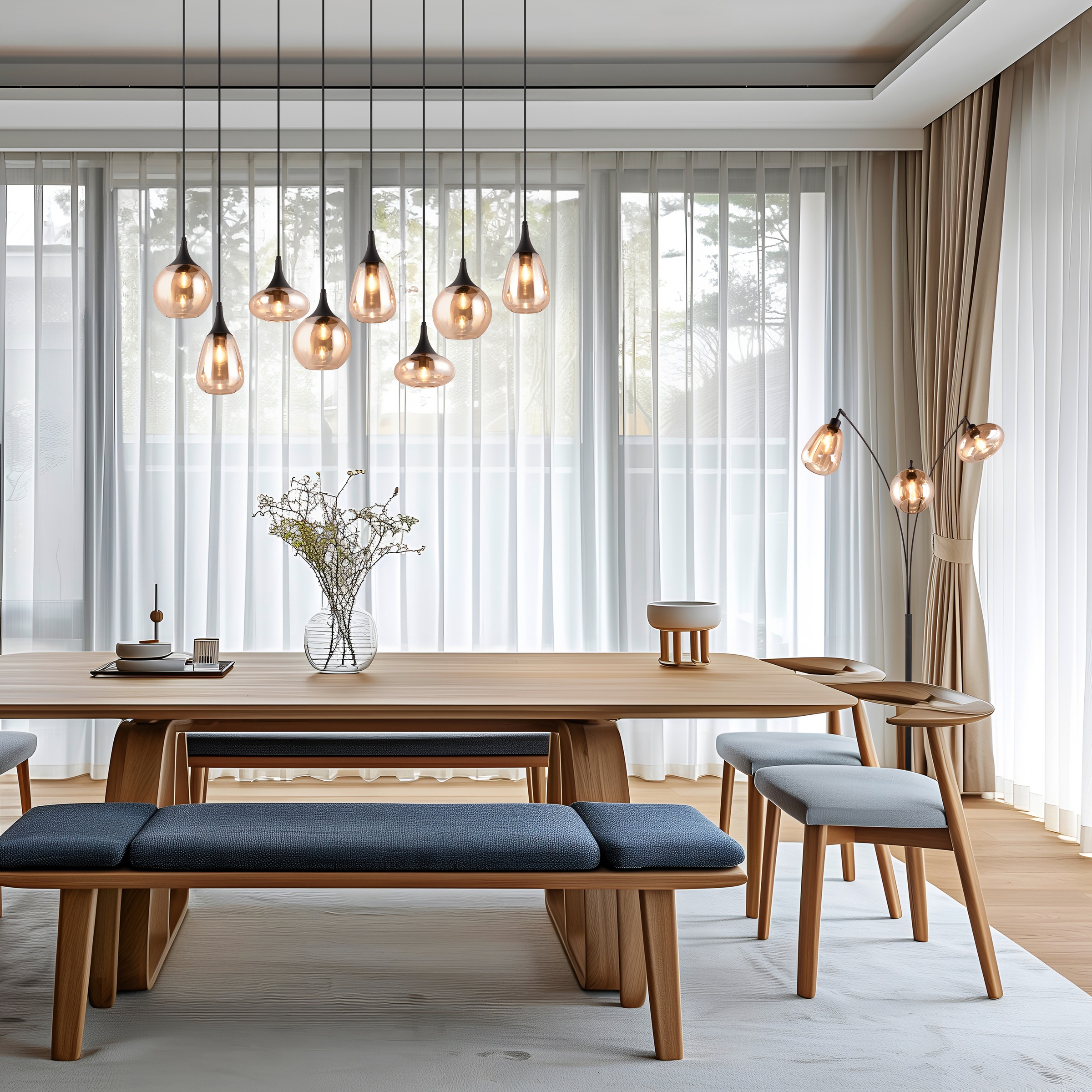 TRIO Leuchten Stehlampe »LUMINA, gebogene Stehleuchte mit Glasschirmen exkl 3xE14 max 10W«, 3 flammig, Leuchtmittel E14 | Leuchtmittel wechselbar, amberfarbige Gläser in 3 Formen, Fußschalter, Bogenleuchte Höhe 200 cm