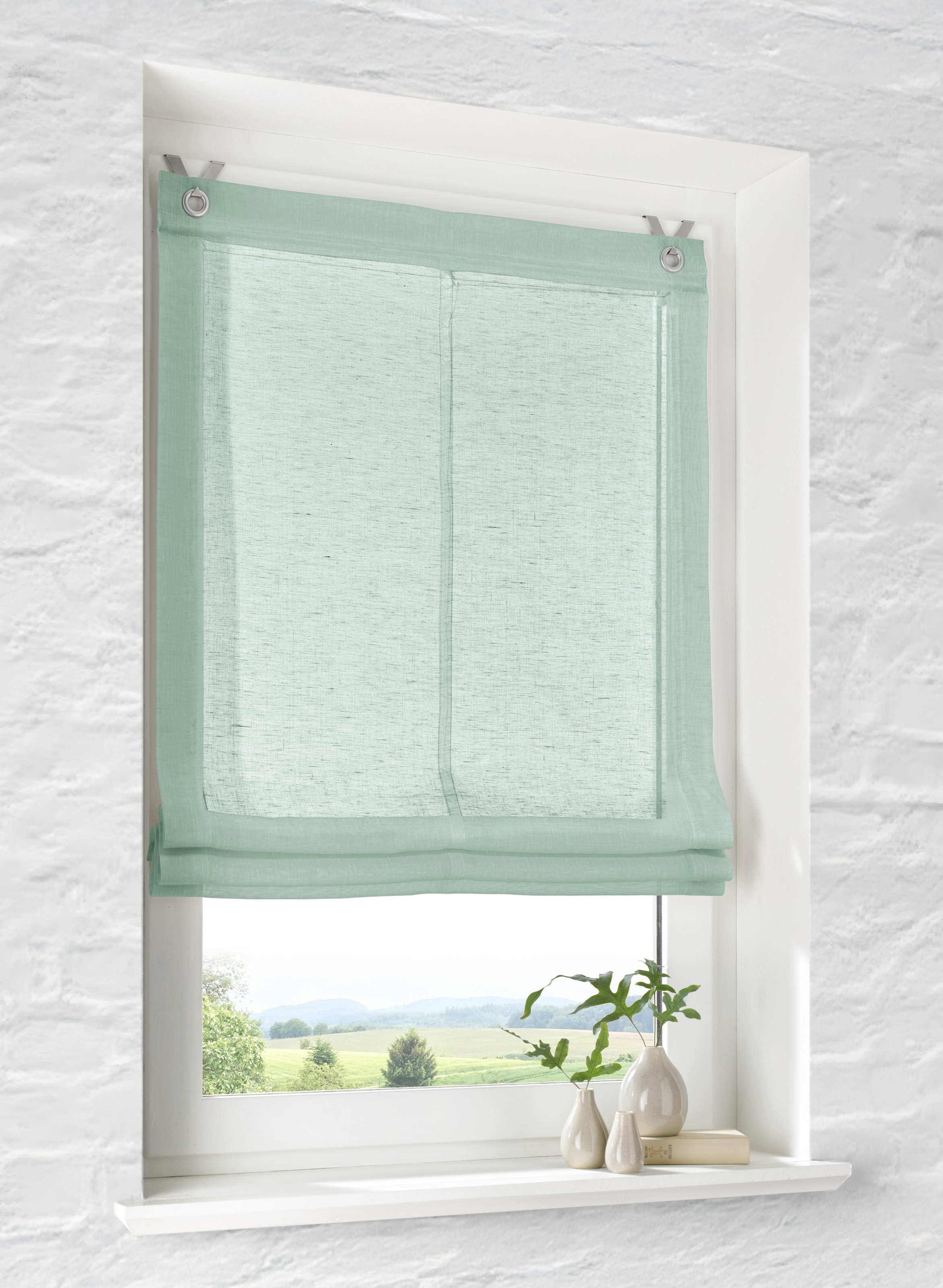 Kutti Raffrollo »Brondby« mit Hakenaufhängung ohne Bohren freihängend Leinenoptik lichtfilternd Edelstahlhaken