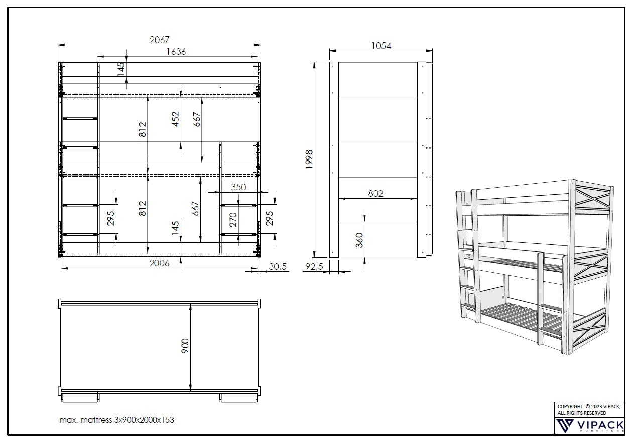 Vipack Etagenbett, (Made in Europe), mit 3 LF á 90x200 cm und Rollrost, stabil gebaut, Kiefer massiv weiß
