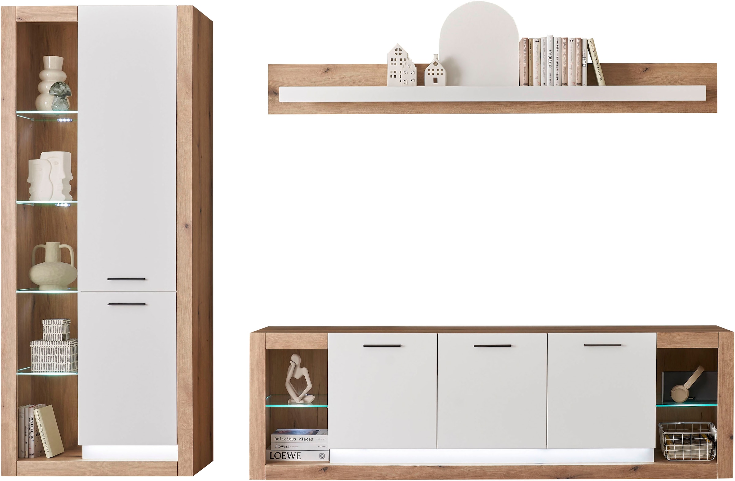 INOSIGN Wohnwand »Brixen, moderne Anbauwand, Wohnzimmer-Set, Eiche Evoke Dekor mit Weiß«, (Set, 3 St.), enthält Stauraumelement, Lowboard und Wandboard