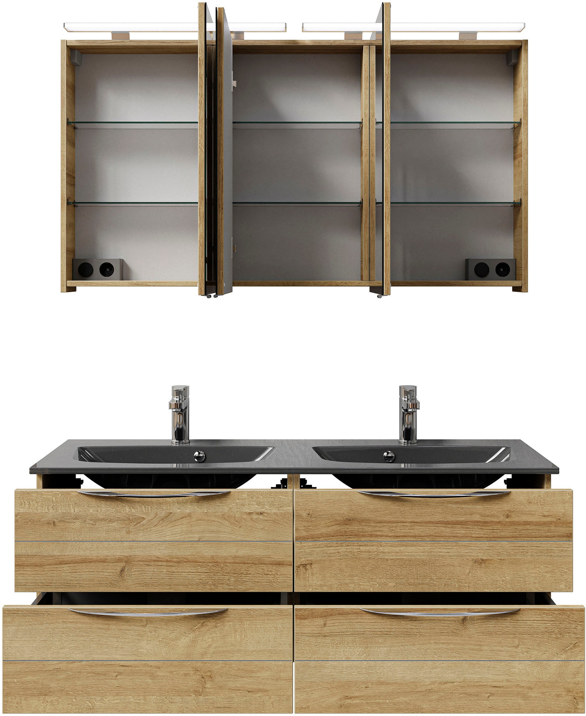 Saphir Badmöbel-Set »Serie 6025 2-teilig Mineralmarmor-Waschtisch mit LED-Spiegelschrank«, (2 St.), Waschplatz 132cm breit, 4 Schubladen, 2 Spiegel-Türen, inkl Türdämpfer