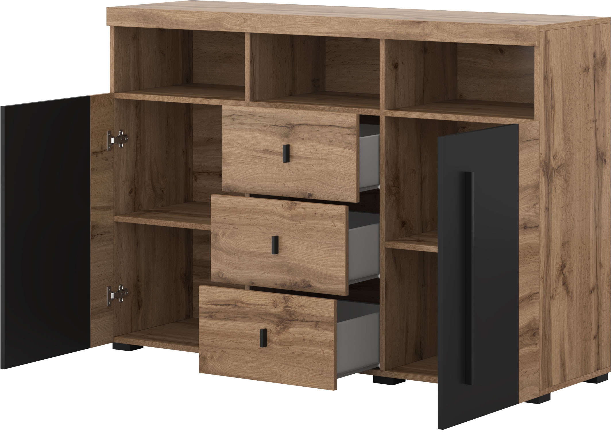 INOSIGN Sideboard »Roger,Breite 132cm, stilvolle Schrank, 2 Holztüren 3 Schubladen«, Kommode mit viel Stauraum, Einlegeböden verstellbar