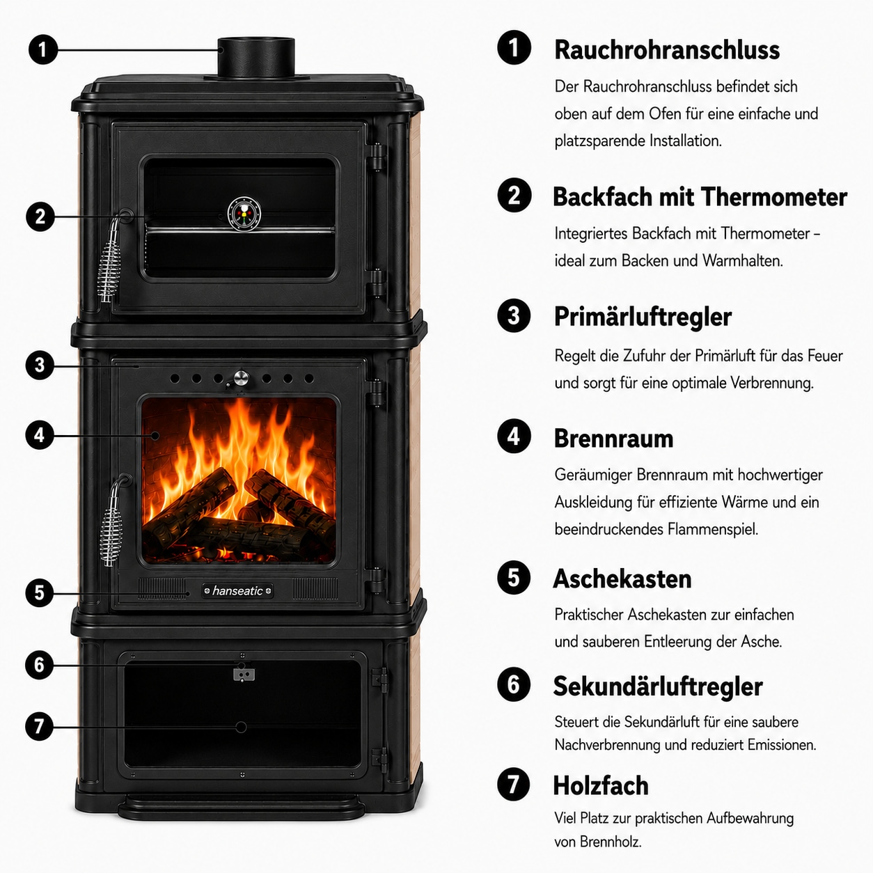 Hanseatic Kaminofen »Minerva, Gussofen mit Backofen und Beige emaillierten Seiten« Großer Feuerraum
