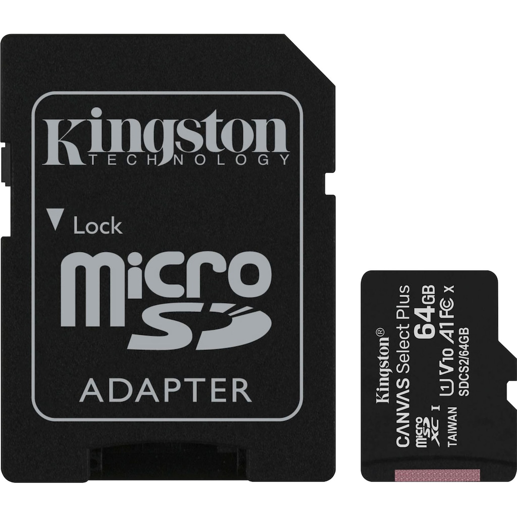 Kingston Speicherkarte »Canvas Select Plus microSD 64GB + ADP«, (UHS-I Class 10 100 MB/s Lesegeschwindigkeit)