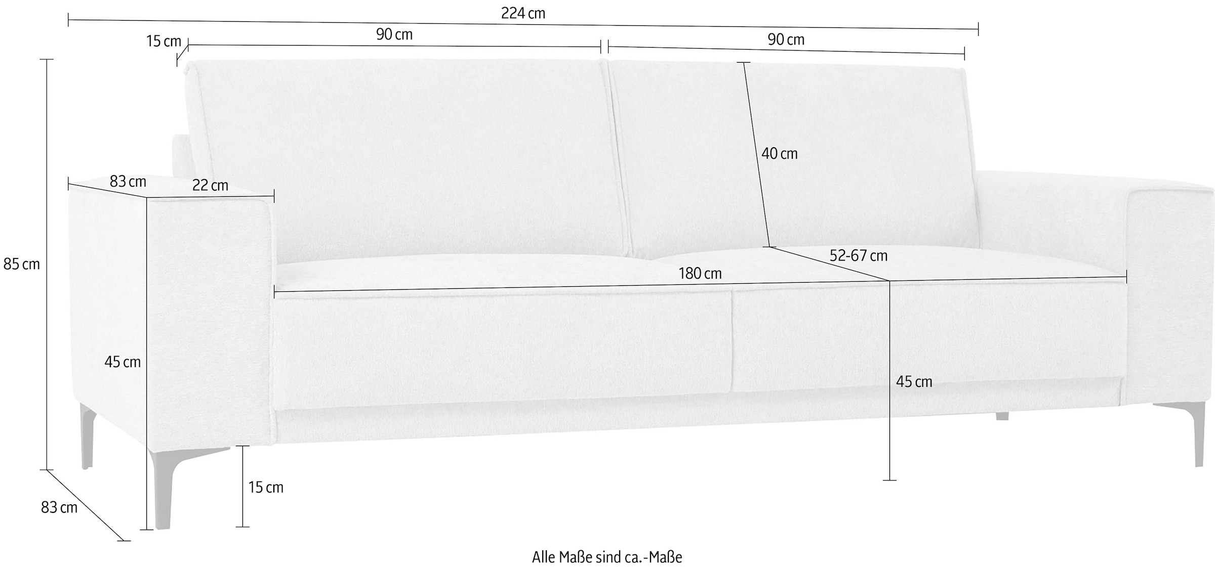 Places of Style 3-Sitzer »Oland«, 224 cm, Wellenunterfederung, Skandi-Design, Metallfüße