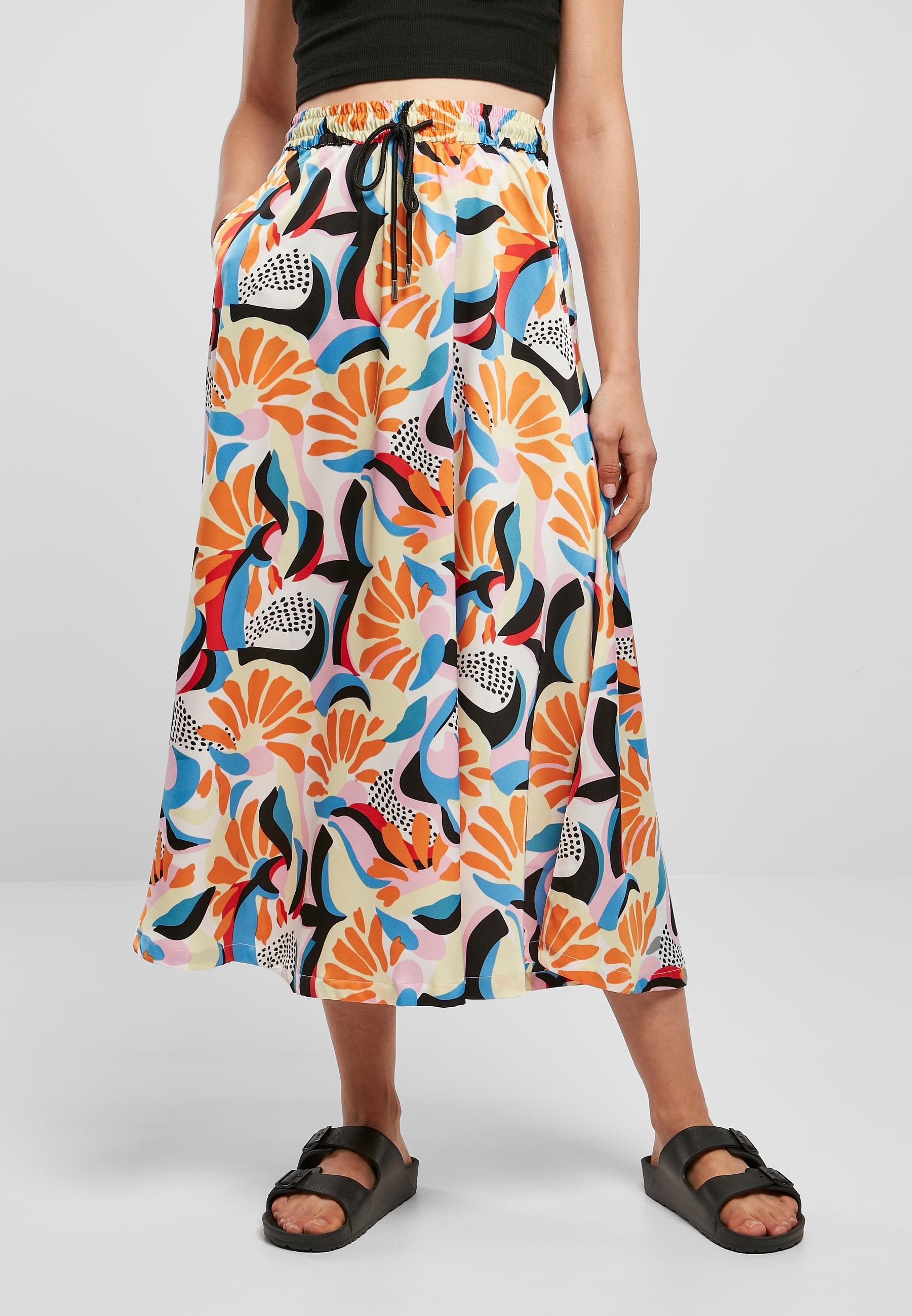 URBAN CLASSICS Jerseyrock »Urban Classics Damen Ladies AOP Satin Midi Skirt« 1 Stk.