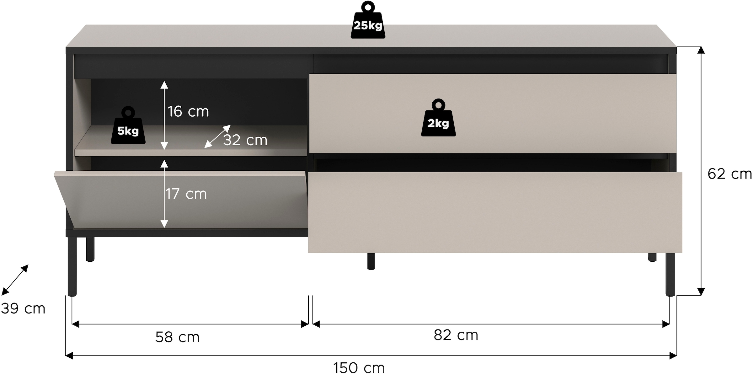 INOSIGN Lowboard »NORT, Breite: 150cm, mit Metall Stabfuß, 1 Klappe, 2 Schubkästen«, TV-Lowboard, Mediaschrank, Mediaboard, TV-Schrank, Schrank, Board