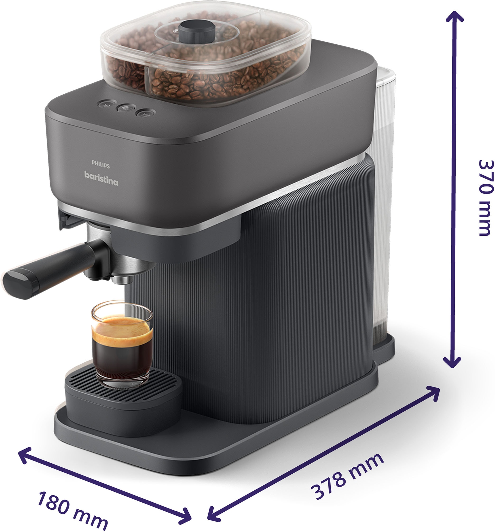 PHILIPS baristina Espressomaschine »mit Bean swap BAR320/60 mit Mahlwerk für ganze Bohnen« Doppelter Bohnenbehälter, 16 bar Pumpendruck, Schwarzgrau
