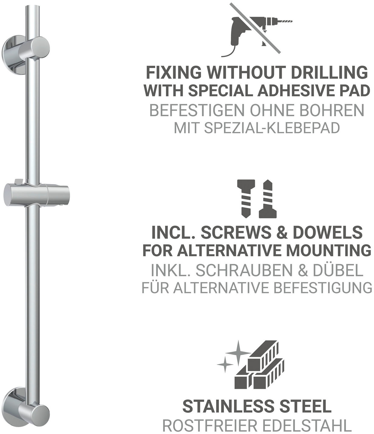 WENKO Duschstange Set,  Brausestange aus Edelstahl, 70 cm, einfache Montage ohne Bohren