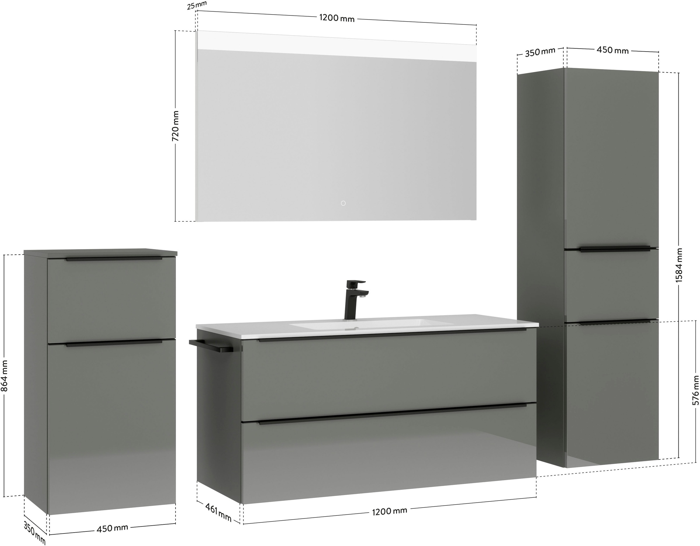 nobilia® Badmöbel-Set »Levere«, (4 St., vormontiert, mit Soft-Close), Hochglanz, inkl. Spiegel mit Touch-Sensor, in vier Breiten