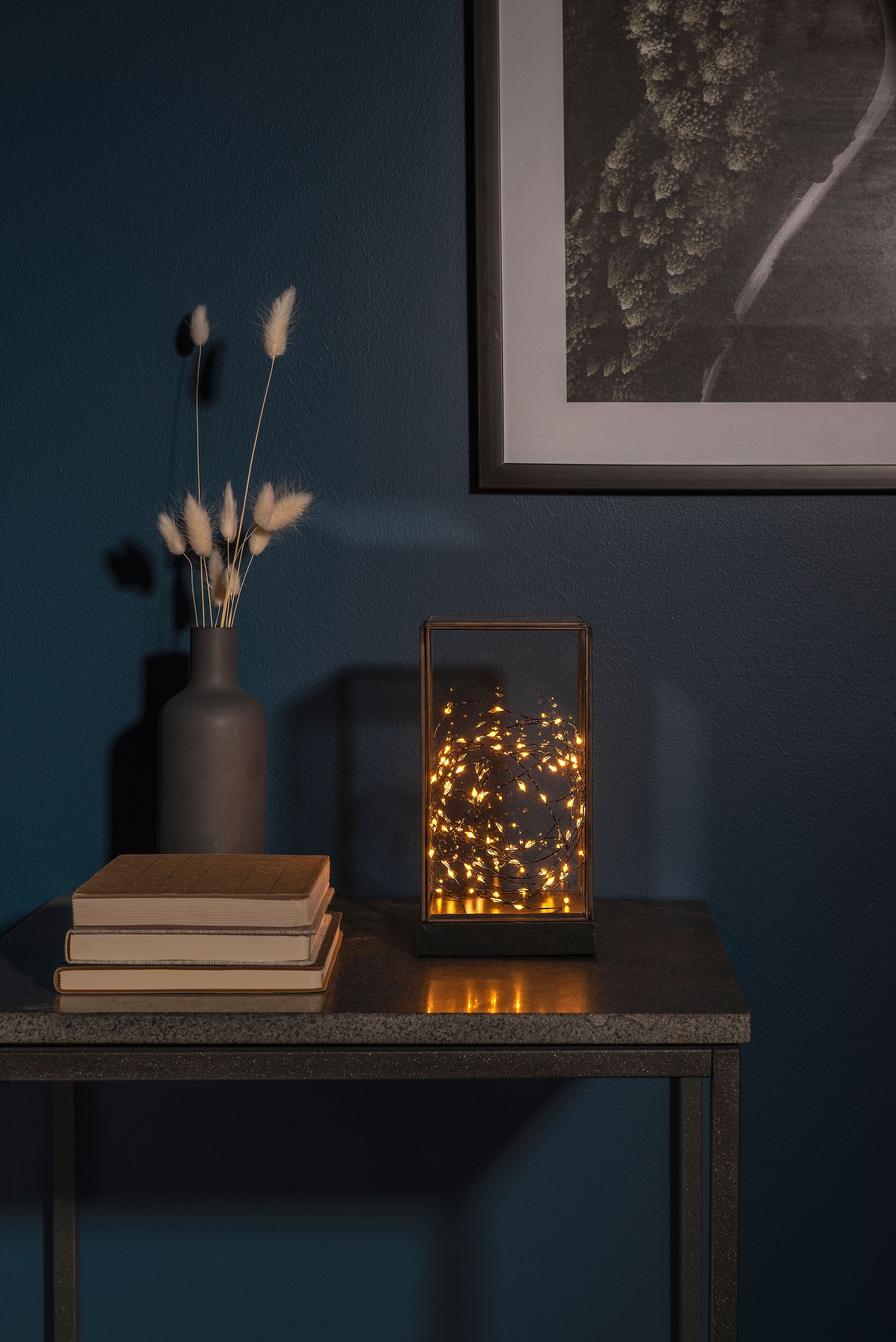 KONSTSMIDE LED Laterne »Weihnachtsdeko«, 80 flammig-flammig, LED  Glaslaterne rechteckig mit schwarzem Holzfundament auf Raten bestellen
