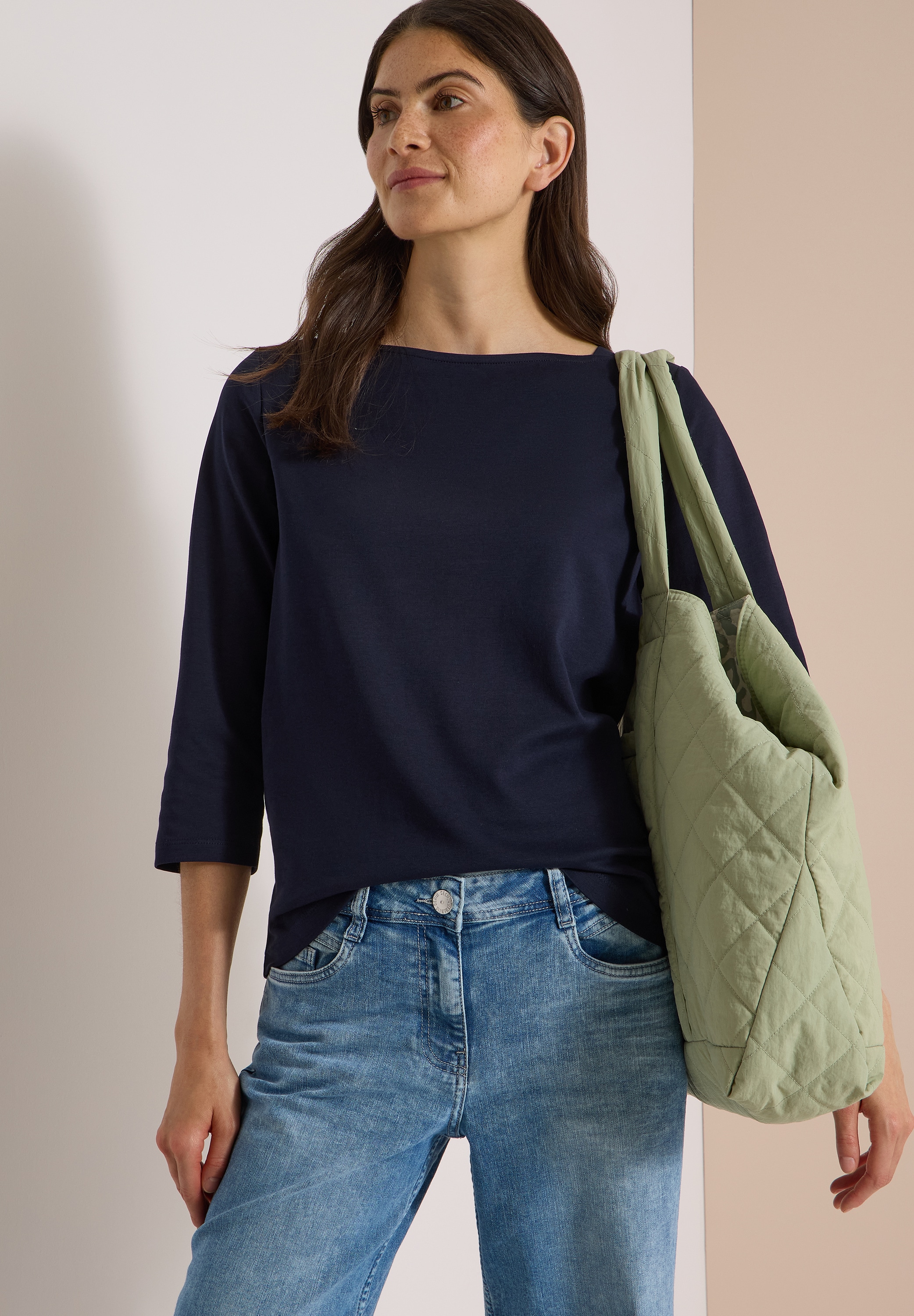 Cecil 3/4-Arm-Shirt U-Boot-Ausschnitt, unifarben, Baumwolle