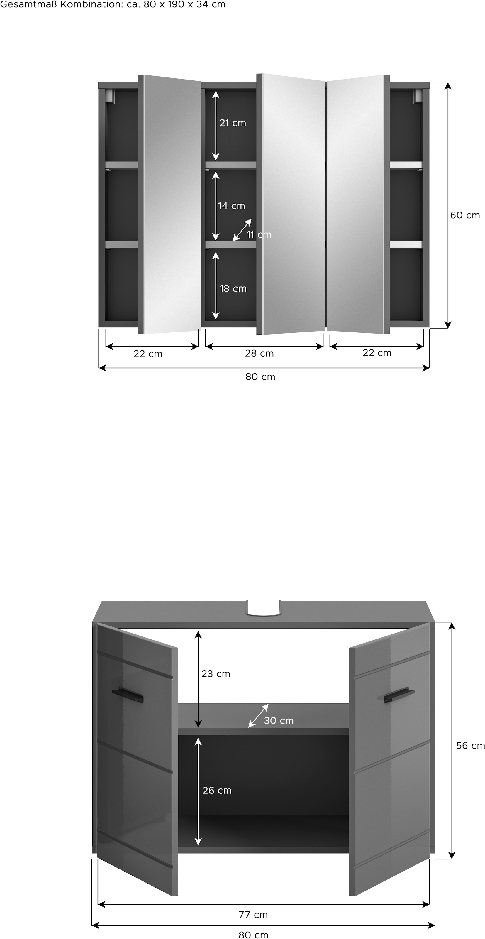 welltime Badmöbel-Set »Doux, bestehend aus: Waschbeckenunterschrank und Spiegelschrank«, (2 St.), hochwertige hochglanz MDF Front mit Rillenfräsung