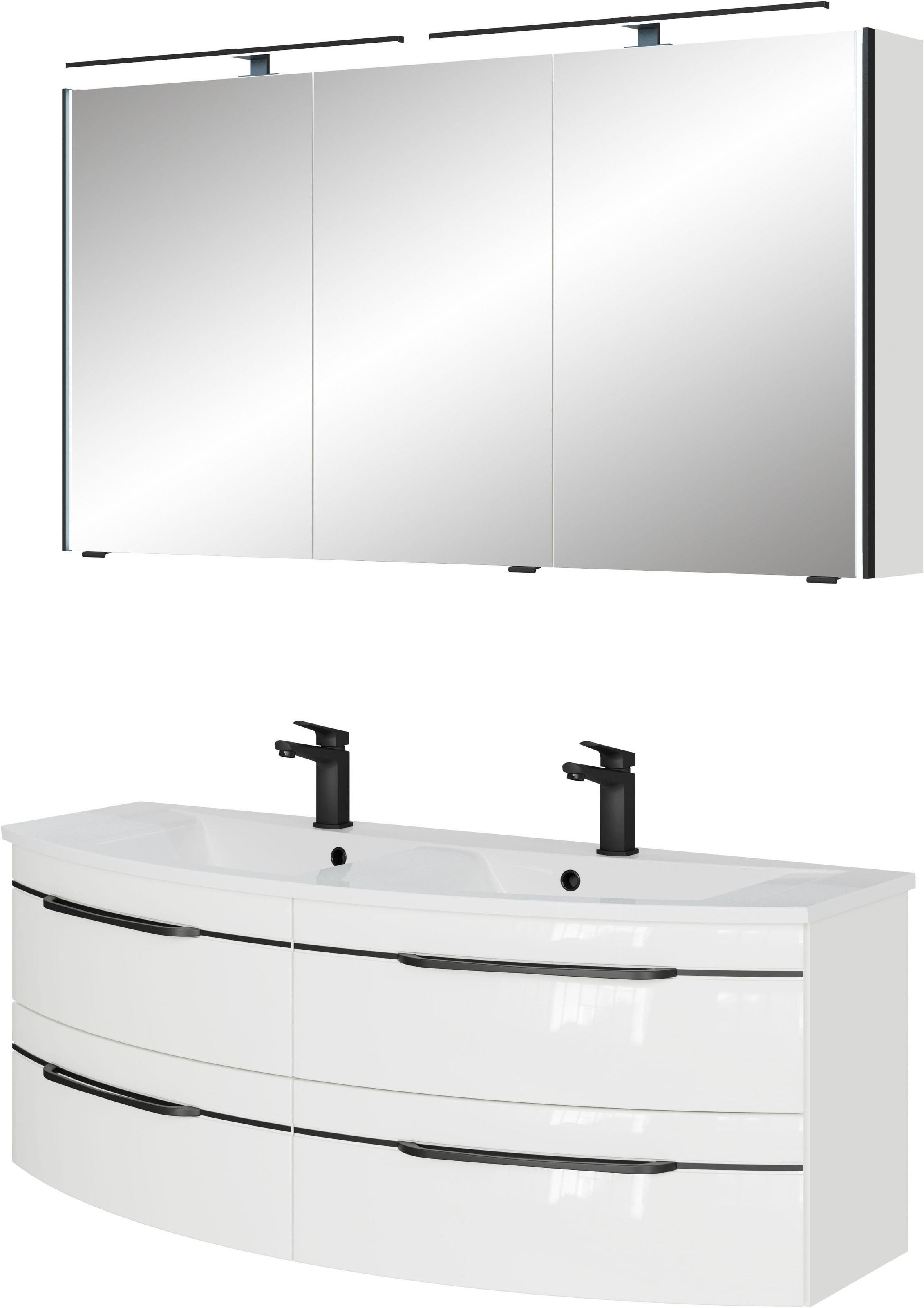 Saphir Badmöbel-Set »Badezimmer-Set 133,2 cm breit, inkl. Türdämpfer, 3 Türen, 4 Schubladen«, (Set, 2 St.), Serie 7045 2-teilig Mineralmarmor-Doppelwaschtisch, LED-Spiegelschrank