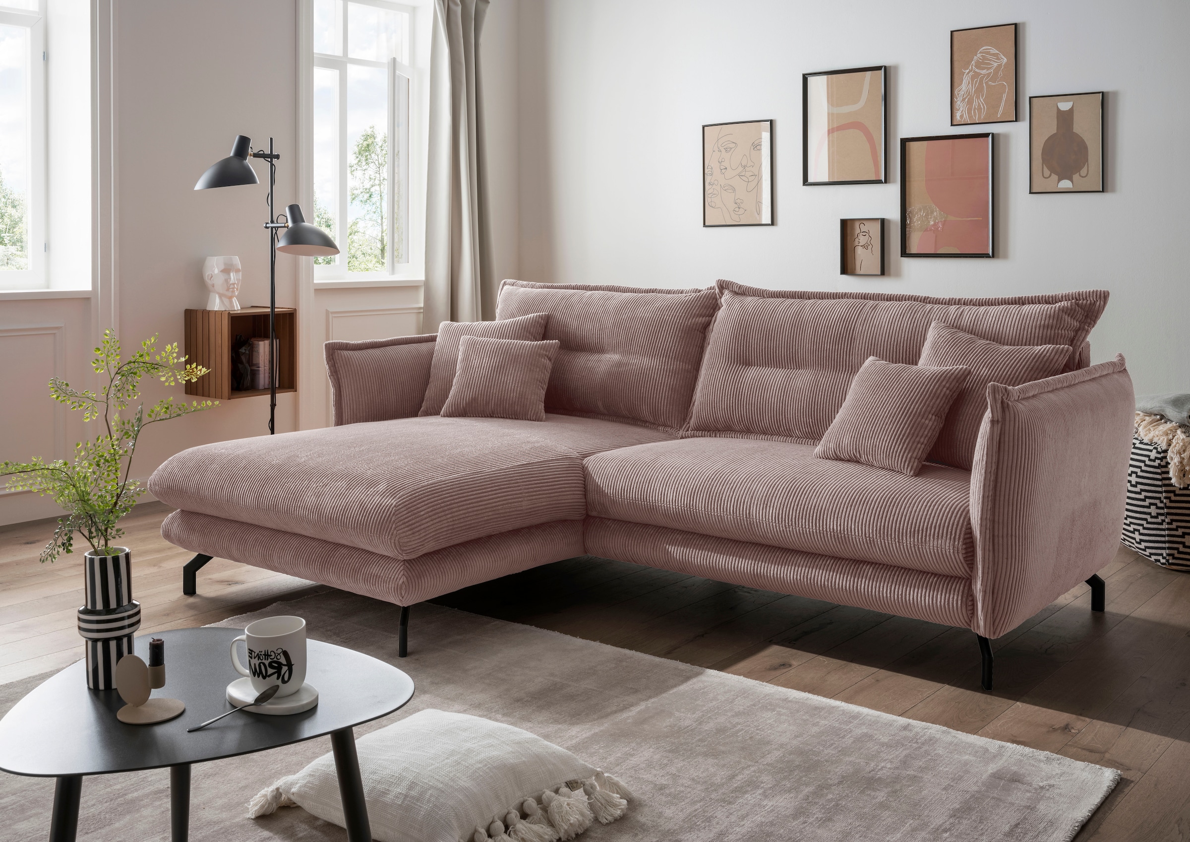 Home affaire Ecksofa »Lazio modern und bequem, schmale Armlehnen, tolle Detailverarbeitung« zwei verschiedene Fußfarben wählbar