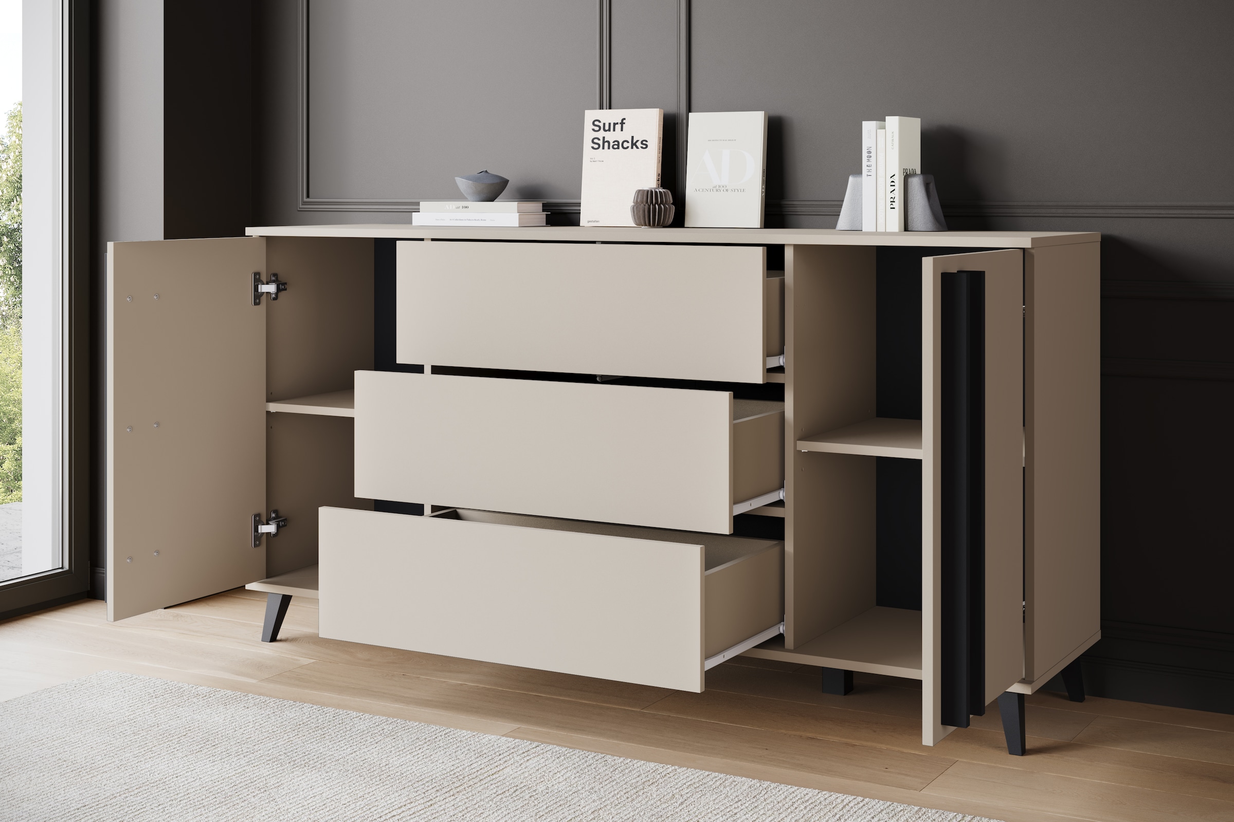 INOSIGN Sideboard »Helsinki, Kommode mit 2 Türen und 3 Schubladen, Breite 150 cm«, (1 St.), Push-to-Open-Schubladen, höhenverstellbare Einlegeböden