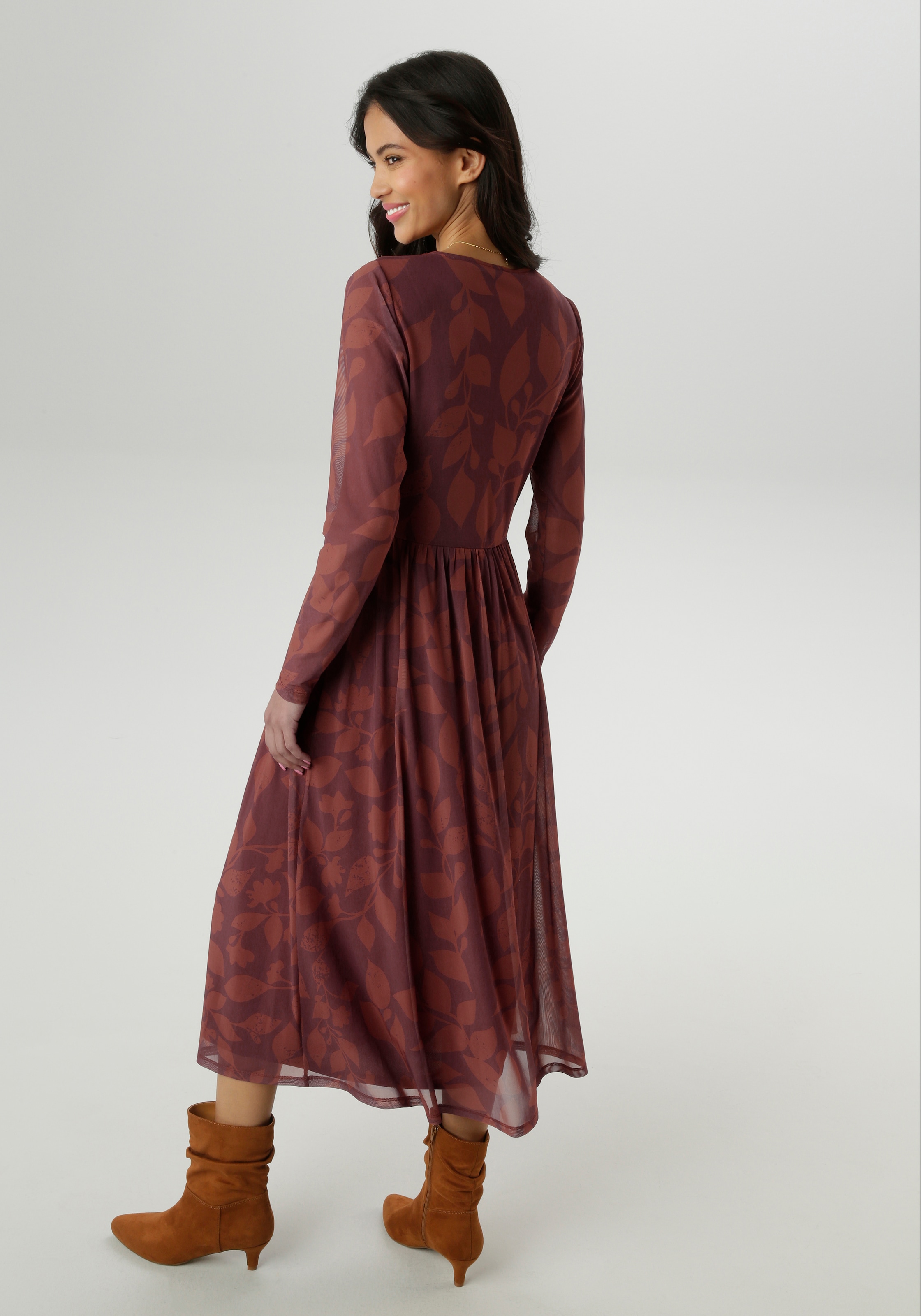 Aniston SELECTED Midikleid, mit floralem Blättermuster in warmen Brauntönen - NEUE KOLLEKTION