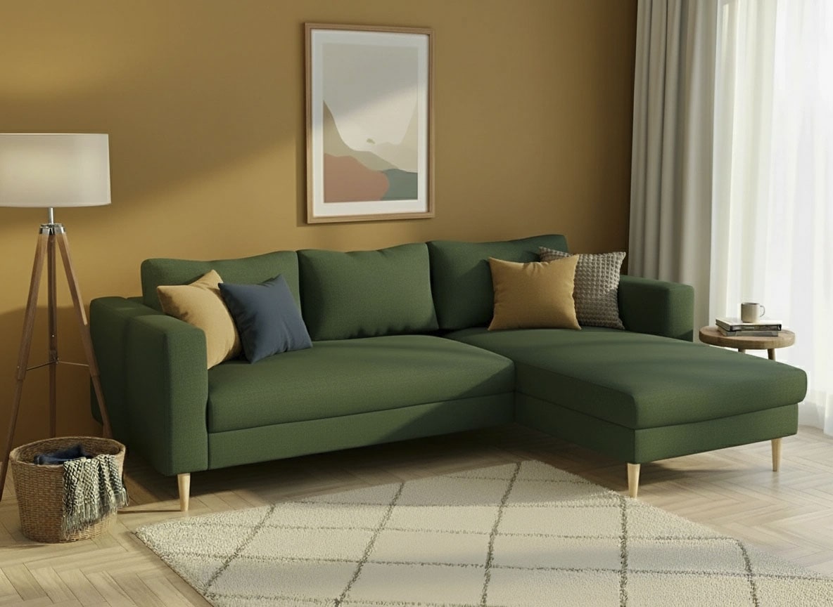 TRENDMANUFAKTUR Ecksofa »Amazing, wahlw. mit Schlaffunktion & Bettkasten, Fuß Buche lackiert« Recamiere beidseitig montierbar, L-Form,in Cord o. Struktur, B: 232 cm
