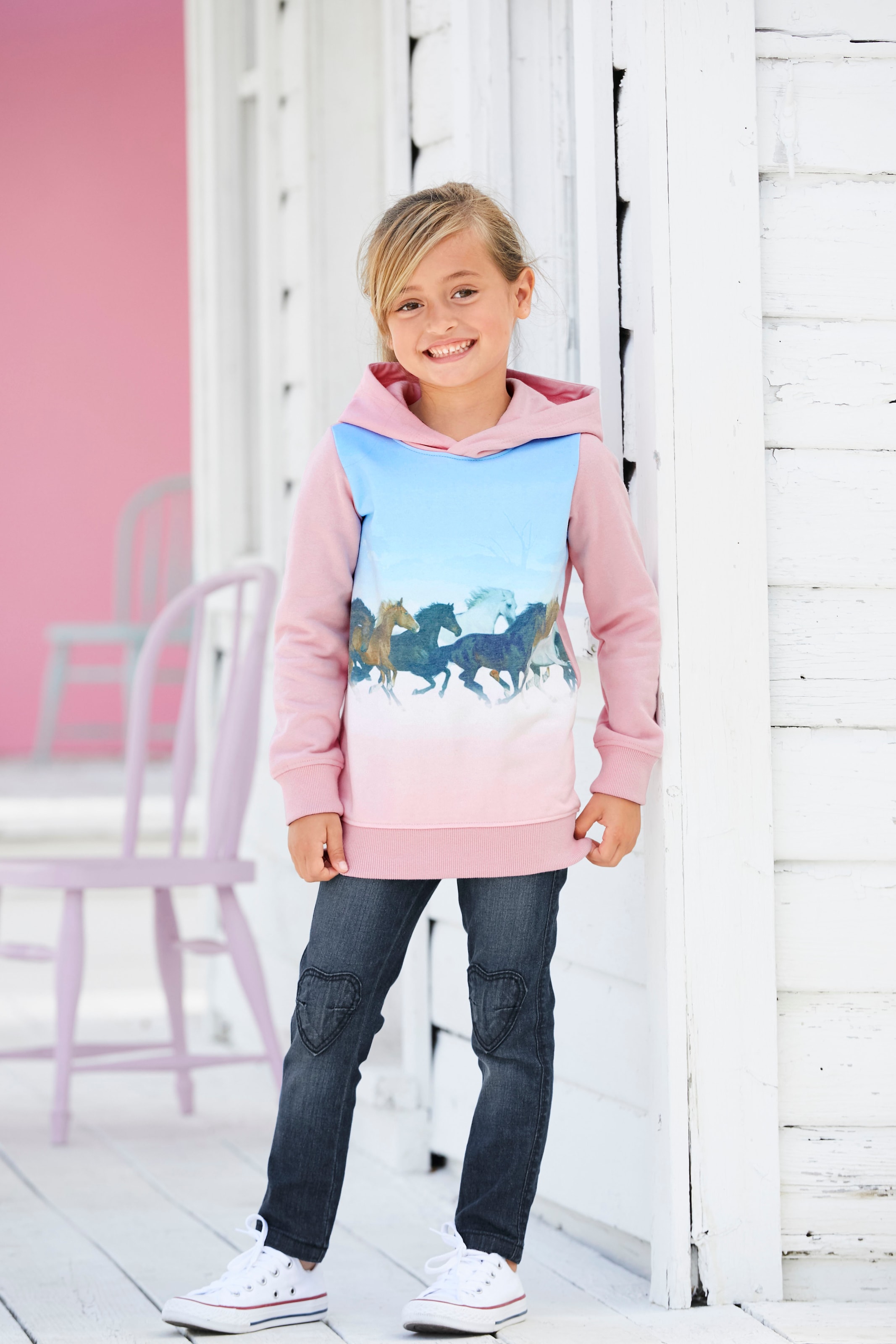 KIDSWORLD Longsweatshirt »für kleine Mädchen«, Langarm,  bedruckt,  mit Kapuze,  aus angerauter Sweatware
