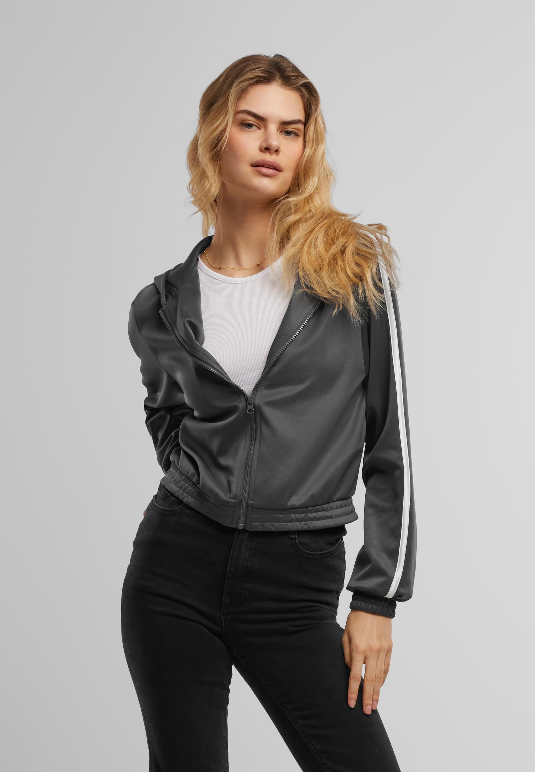 URBAN CLASSICS Trainingsjacke »Urban Classics Ladies Cropped Track Jacket« 1 Stk. tlg. mit Kapuze