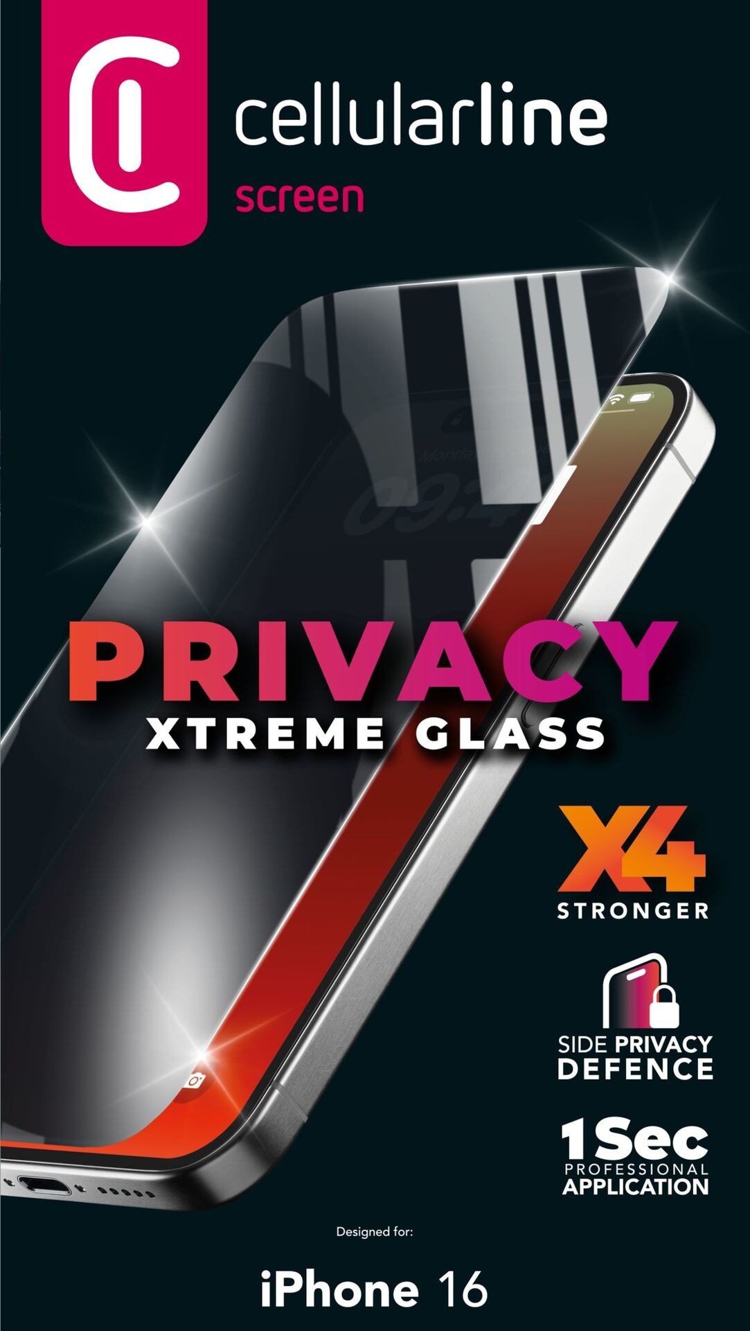 Cellularline Displayschutzglas »PRIVACY XTREME GLASS«, für Apple iPhone 16, Blickschutzfolie, Schutzfolie, Bildschirmschutz, kratz- & stoßfest