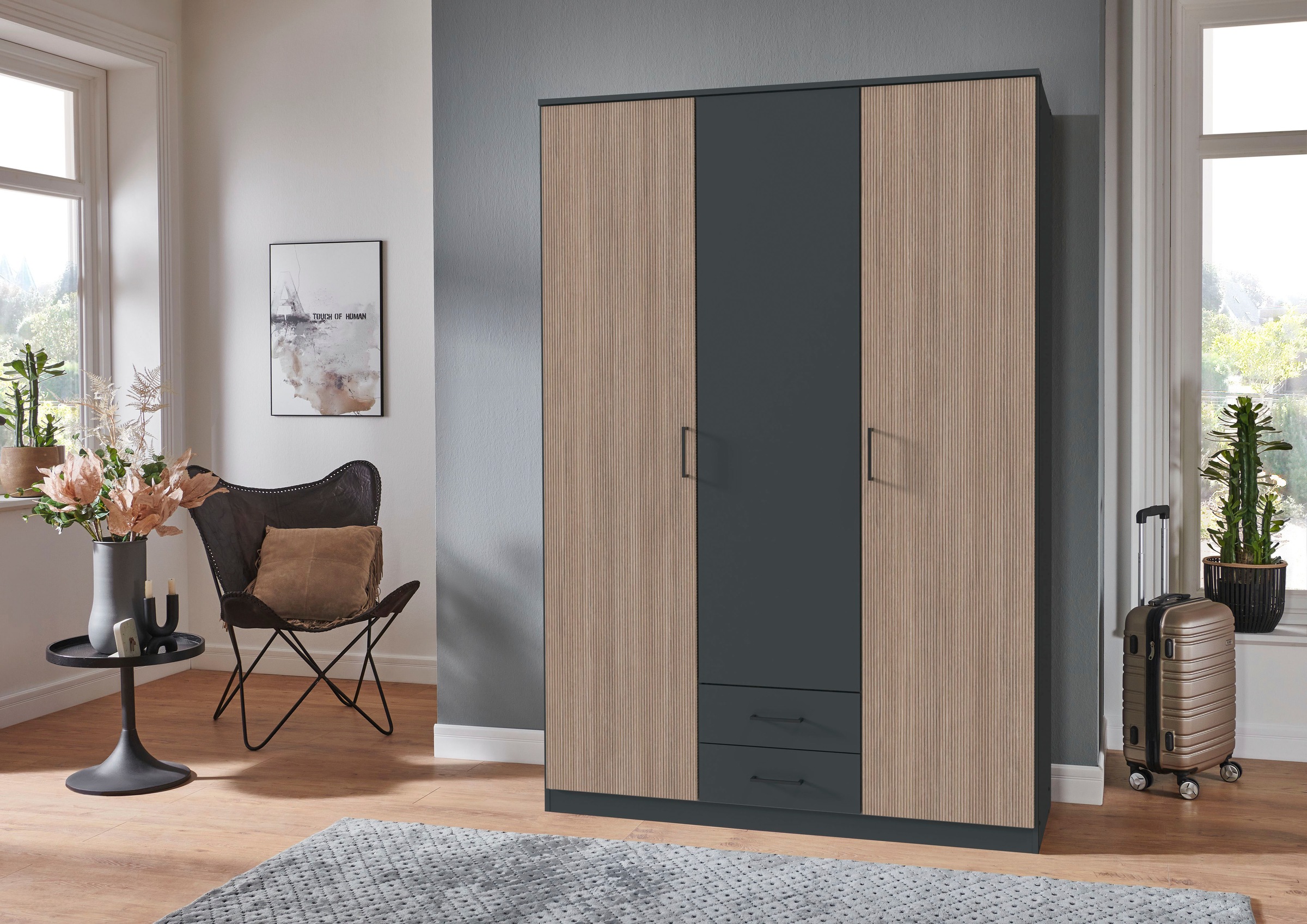 Wimex Kleiderschrank »Fulda, 135 oder 180/58/199cm, 2 Schubladen, Made in Germany«, (mit Kranzleiste), besonderer Look durch Multiplex Optik, mit oder ohne Glasauflage
