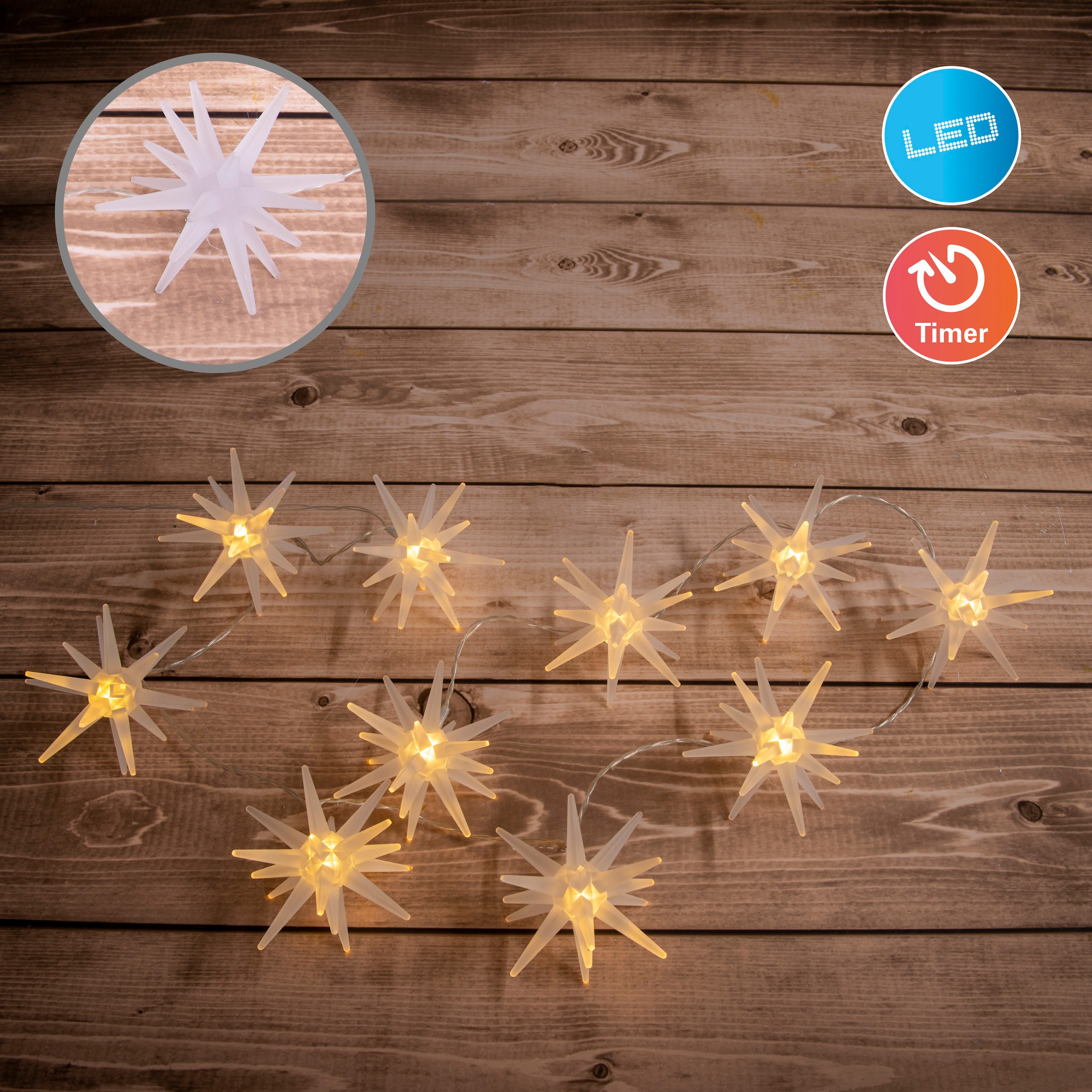 mit Kunststoff Länge bestellen gefrostet St.-flammig, näve 10 aus 165cm Timer LED-Lichterkette »3D-Sterne, Weihnachtsdeko«, in weiß online