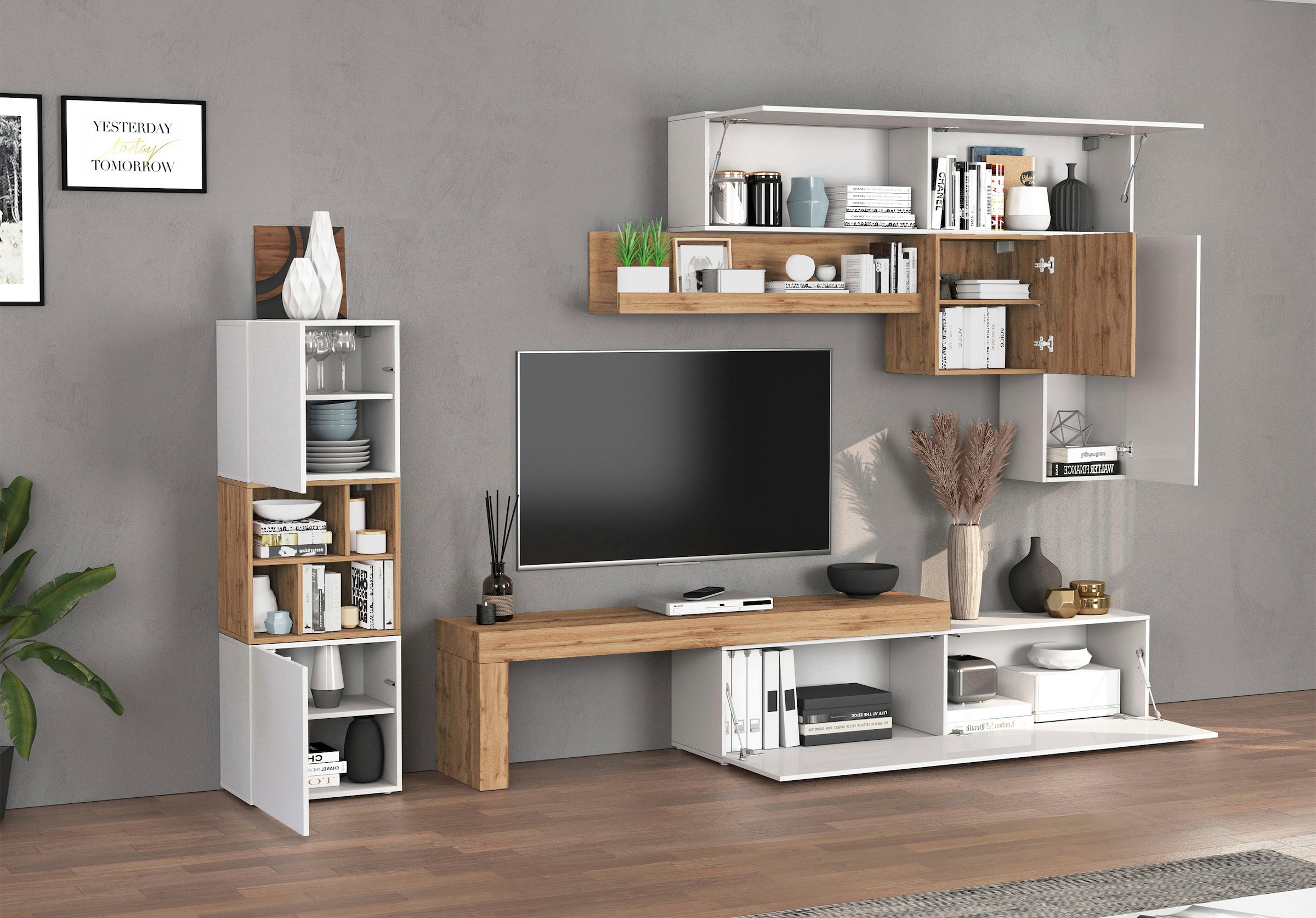 INOSIGN Wohnwand »Chronos Wohnwand, Medienwand, 8-er set«, (Set, 8 St.), ca. 320 cm mit Hängeschränke, Würfel, Regal, Lowboard, Made in Italy