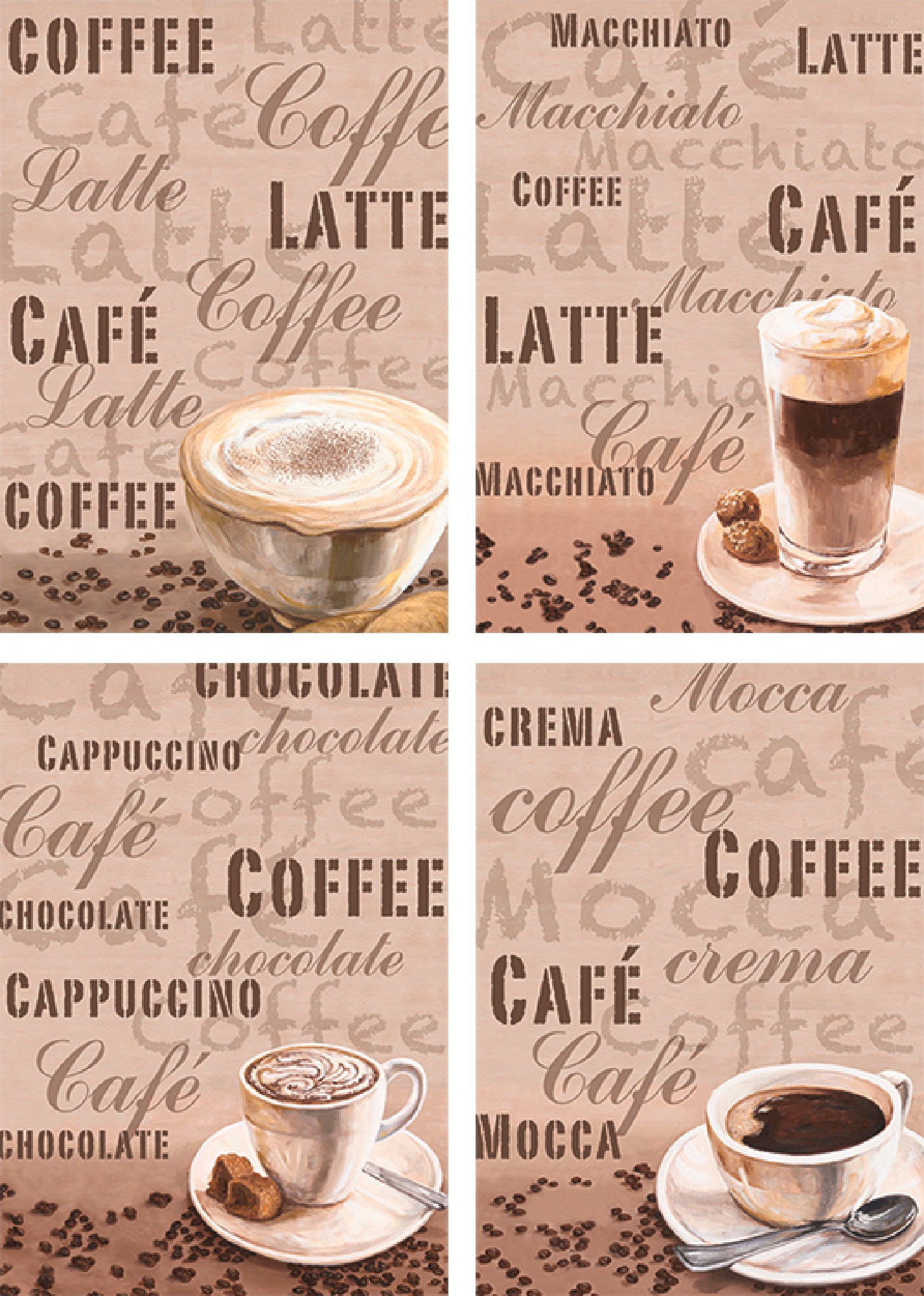 Artland Poster »Milchkaffee Latte MacchiatoChocolate«, Getränke, (4 St.), Poster, Wandbild, Bild, Wandposter