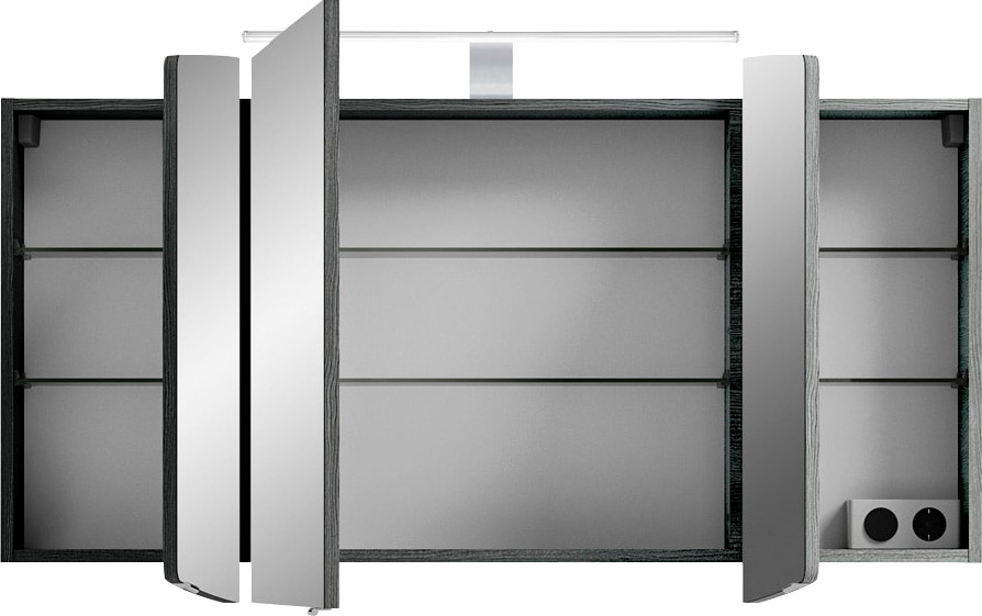 Saphir Spiegelschrank »Cassca Sprint Badschrank, 3 Spiegeltüren, 6 Einlegeböden, 120 cm breit«, inkl. LED-Beleuchtung, Türdämpfer, Schalter-/Steckdosenkombination