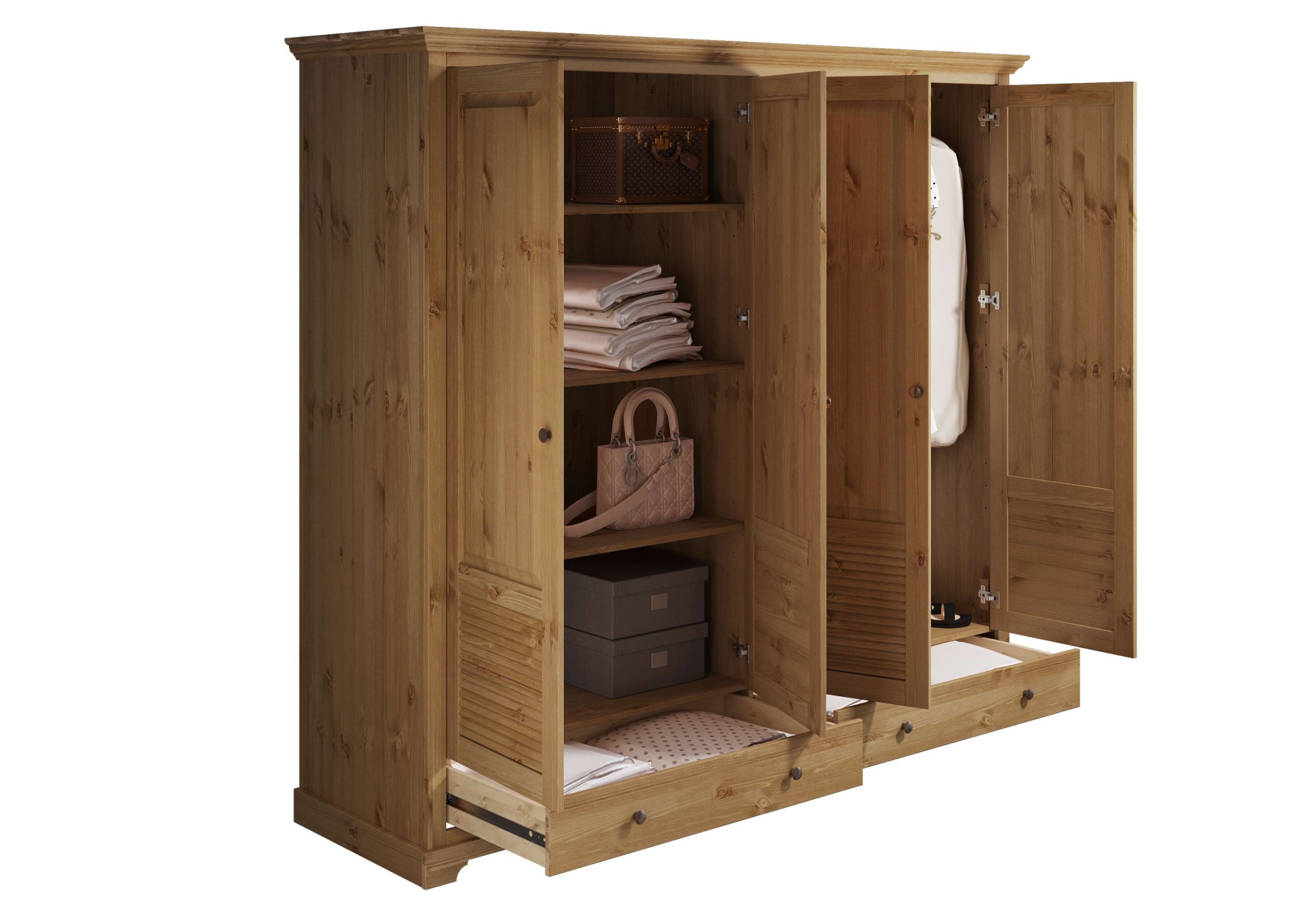 Home affaire Kleiderschrank »Rauna, aus massiver Kiefer, 4-türig, mit Lamellen und Kassetten«, (B/H/T ca. 203/183/61), FSC® zertifiziertes Massivholz (Kiefer), robuste Qualität
