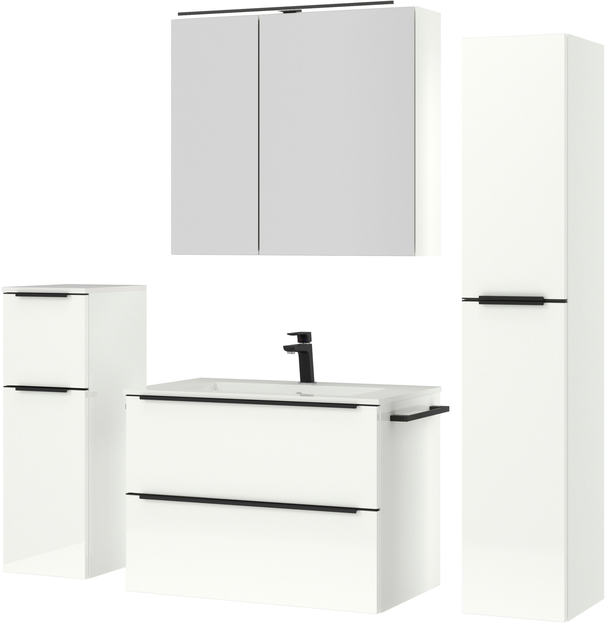nobilia® Badmöbel-Set »Levere«, (4 St., vormontiert, mit Soft-Close), inkl. Spiegelschrank mit Beleuchtung und Dimmerfunktion, in 4 Breiten
