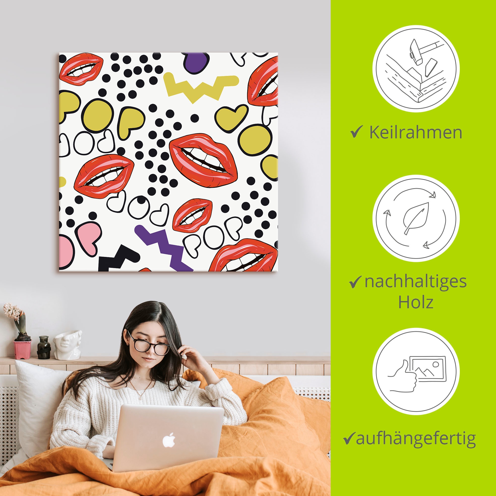 Artland Leinwandbild »Mund mit Pop-Art«, Muster, (1 St.), auf Keilrahmen gespannt