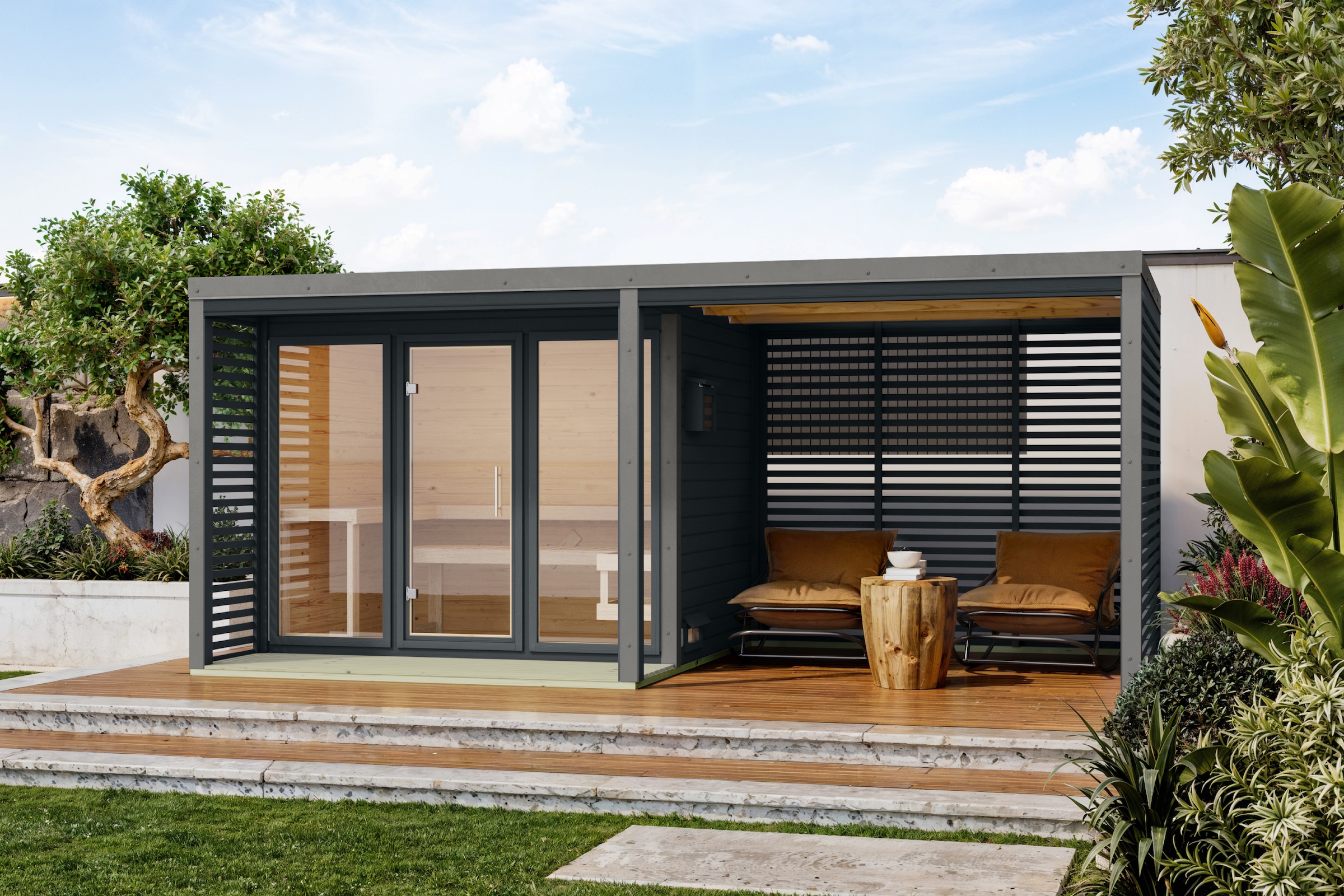 Karibu Anbaudach »für Saunahaus "Adrian" 2,76m inkl. Lamellenwänden« anthrazit-graualuminium