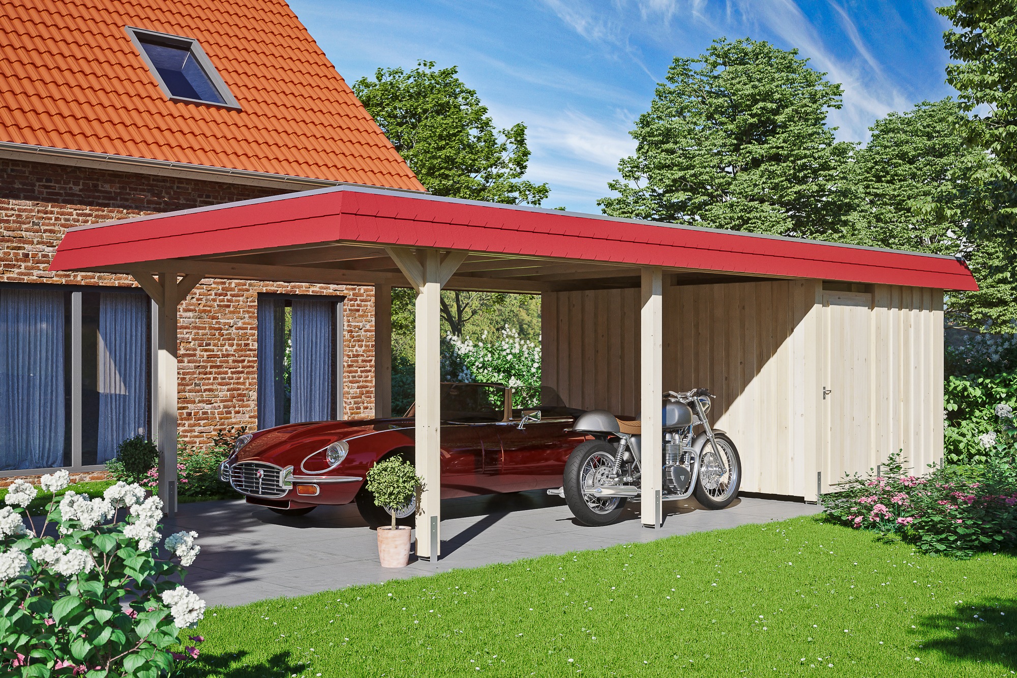 Skanholz Einzelcarport »Wendland« Massivholz 341 cm Natur mit Abstellraum mit EPDM-Dach, rote Blende