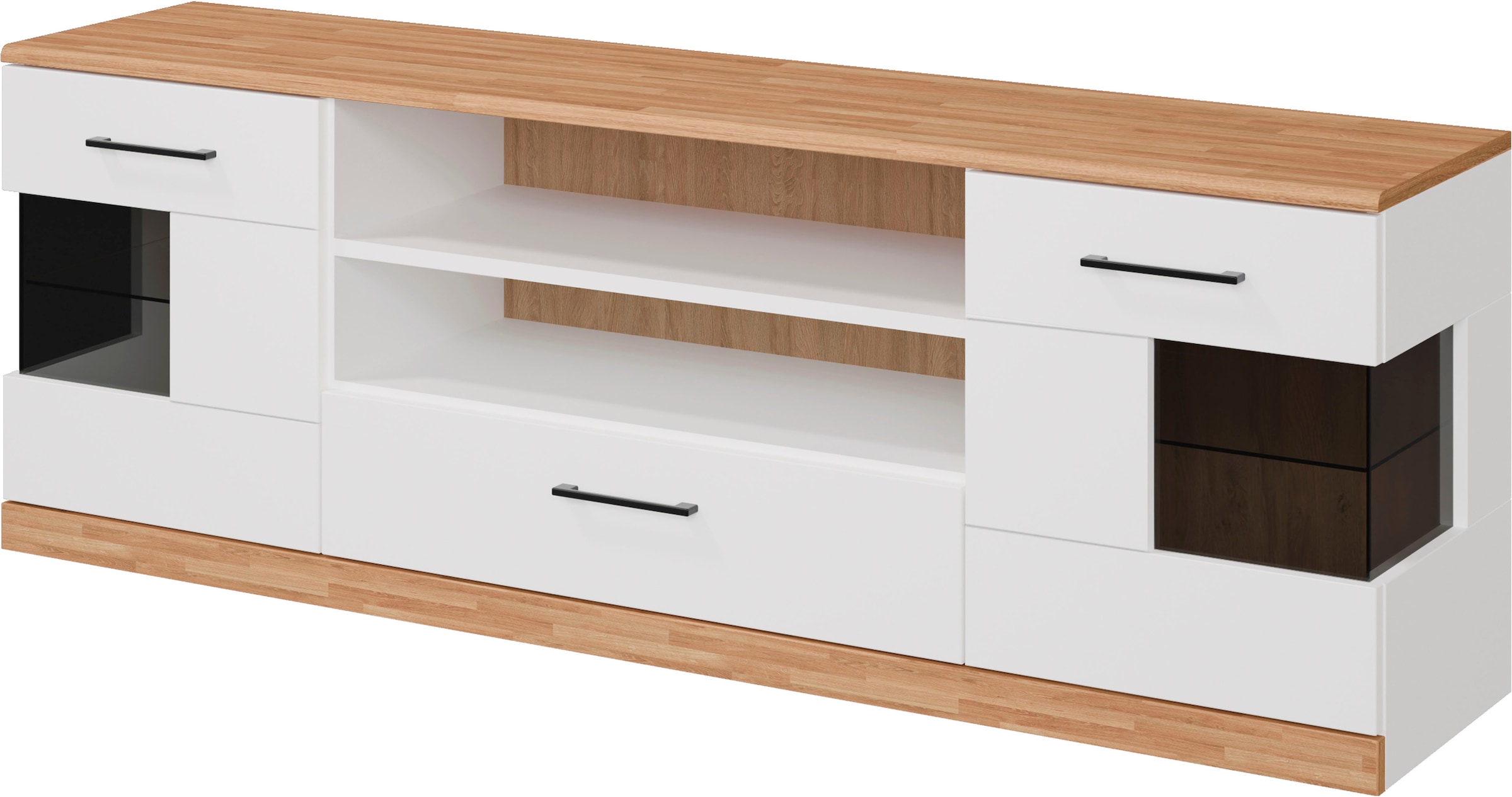 Home affaire Lowboard »Ribe,160cm breit,55cm hoch«, Oberplatte Massivholz,schwarze Metall Griffe,2 Türen mit Glaseinsatz