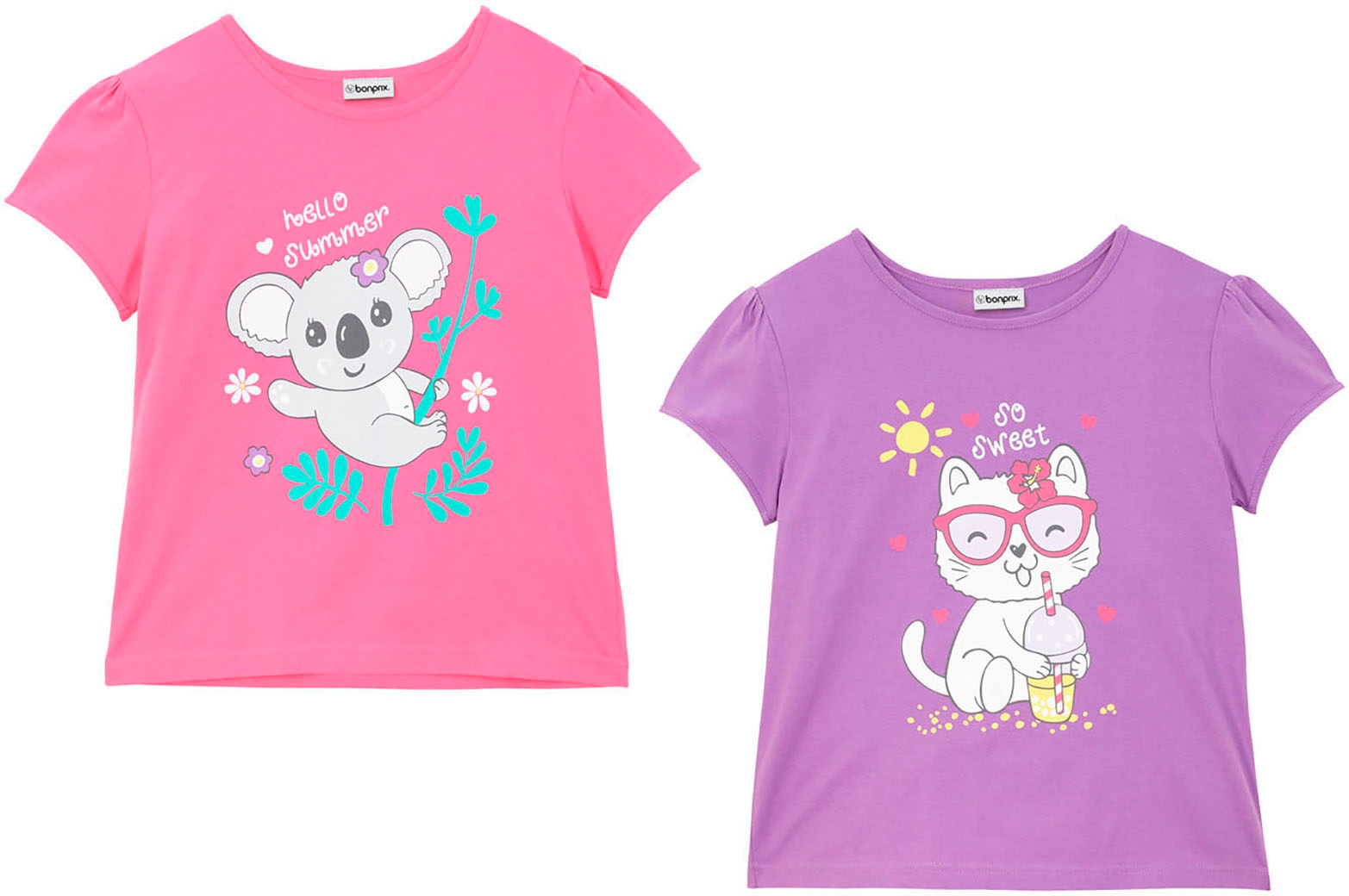 bonprix T-Shirt Packung, 2 tlg. regular fit Passform, Kurzarm, mit Print auf der Vorderseite