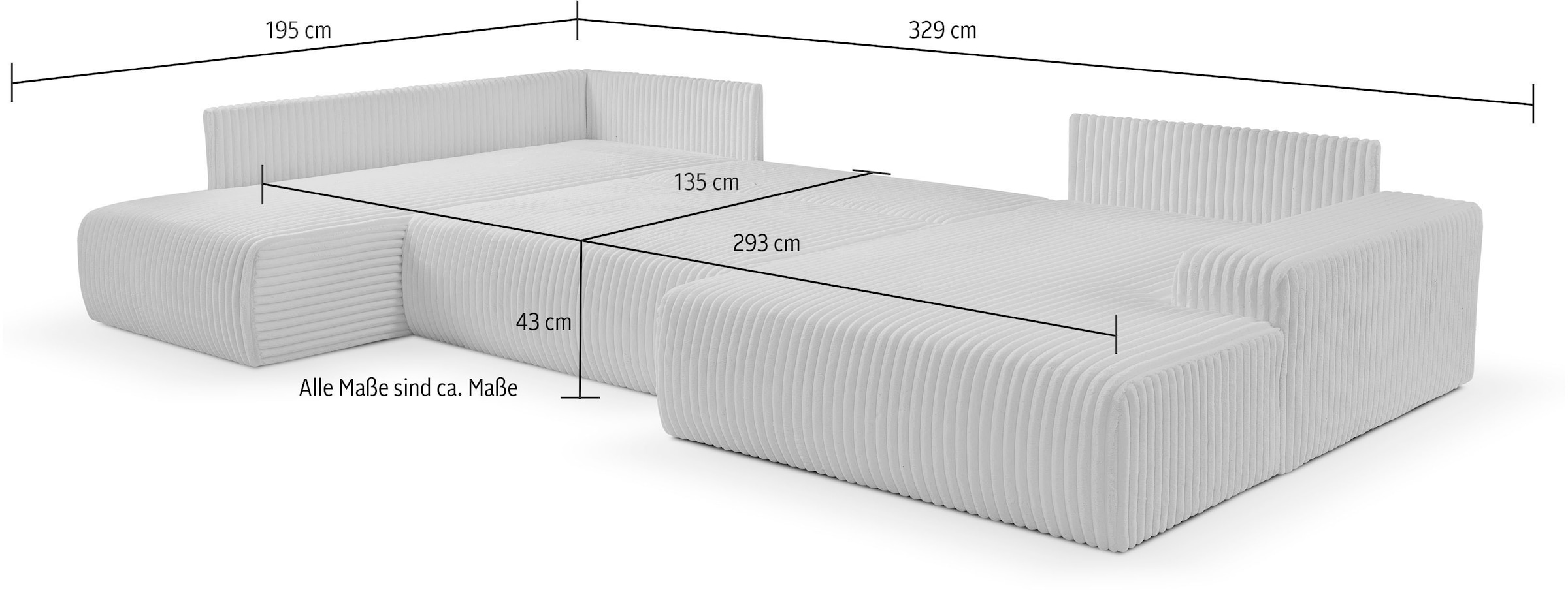 WERK2 Wohnlandschaft »Rotterdam 325 x 190 cm mit Bett und Bettkasten, bequem, viel Platz« Cord, U-Form, XXL, Schlaffunktion, Bettkasten