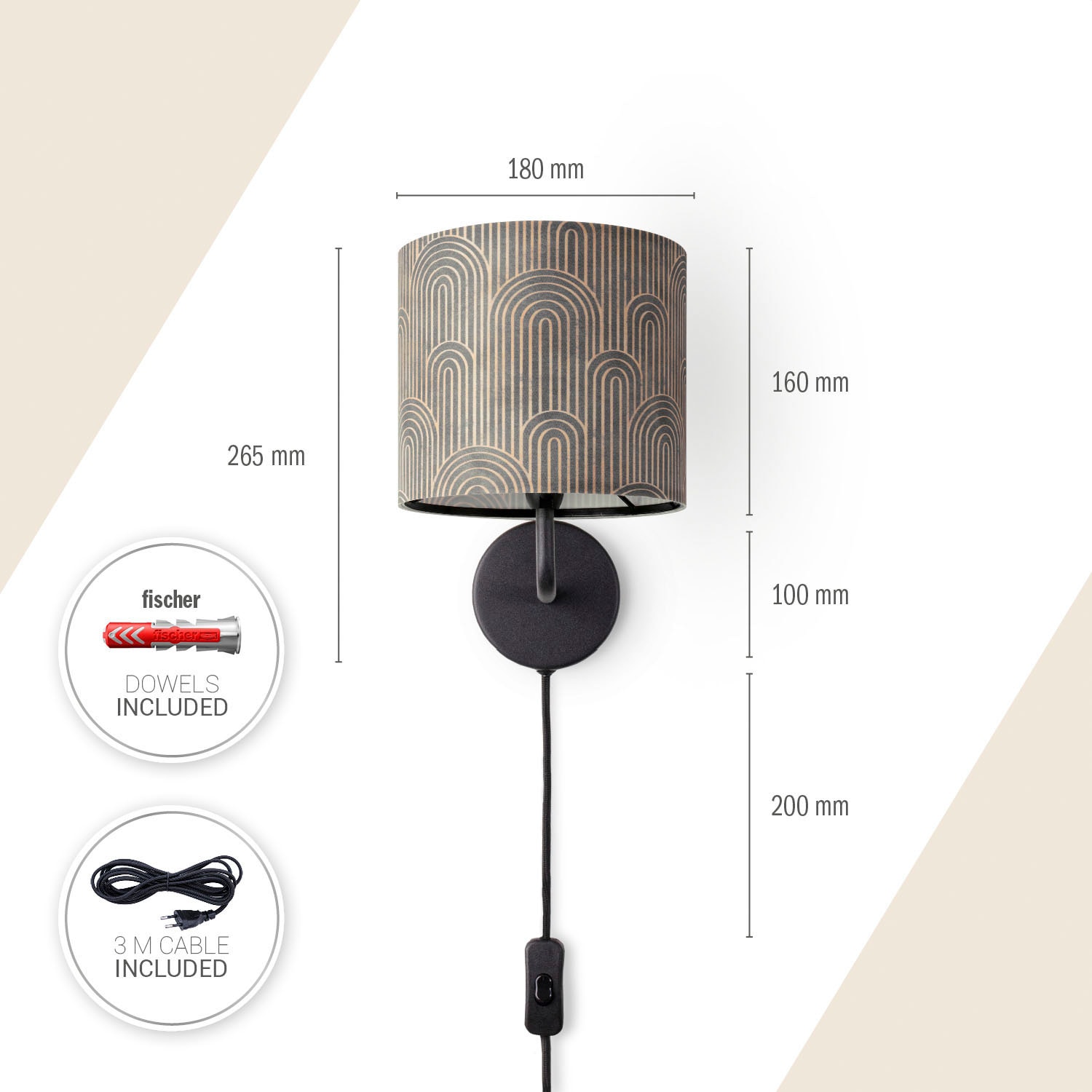 Paco Home Wandleuchte »Luca Pillar«, Leuchtmittel E14 | ohne Leuchtmittel, Stofflampe Rund Wandleuchte Mit Stecker Wohnzimmer Flur Vintage Retro
