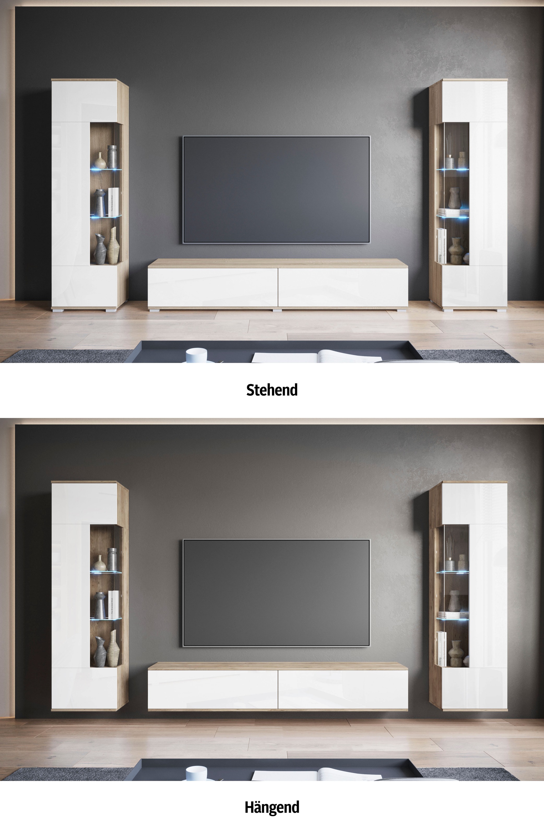 INOSIGN Wohnwand »Kenia, Vitrine Türanschlag links/rechts wechselbar«, (3 St.), Vitrinen mit Eckverglasung, hängend und stehend montierbar