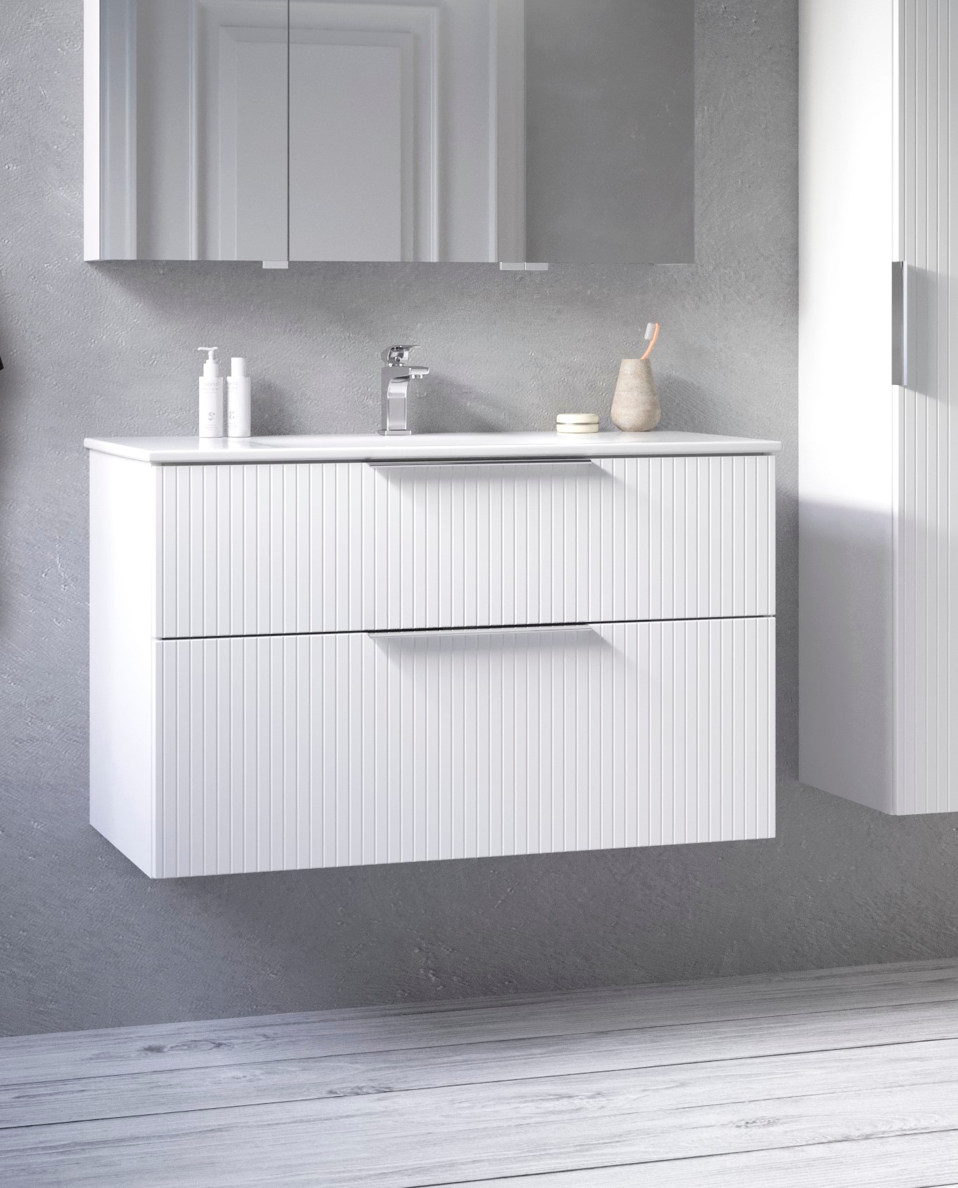 welltime Waschtisch »G-Line«, mit Keramik Waschbecken, Schubladen mit Softclose, trendig geriffelt
