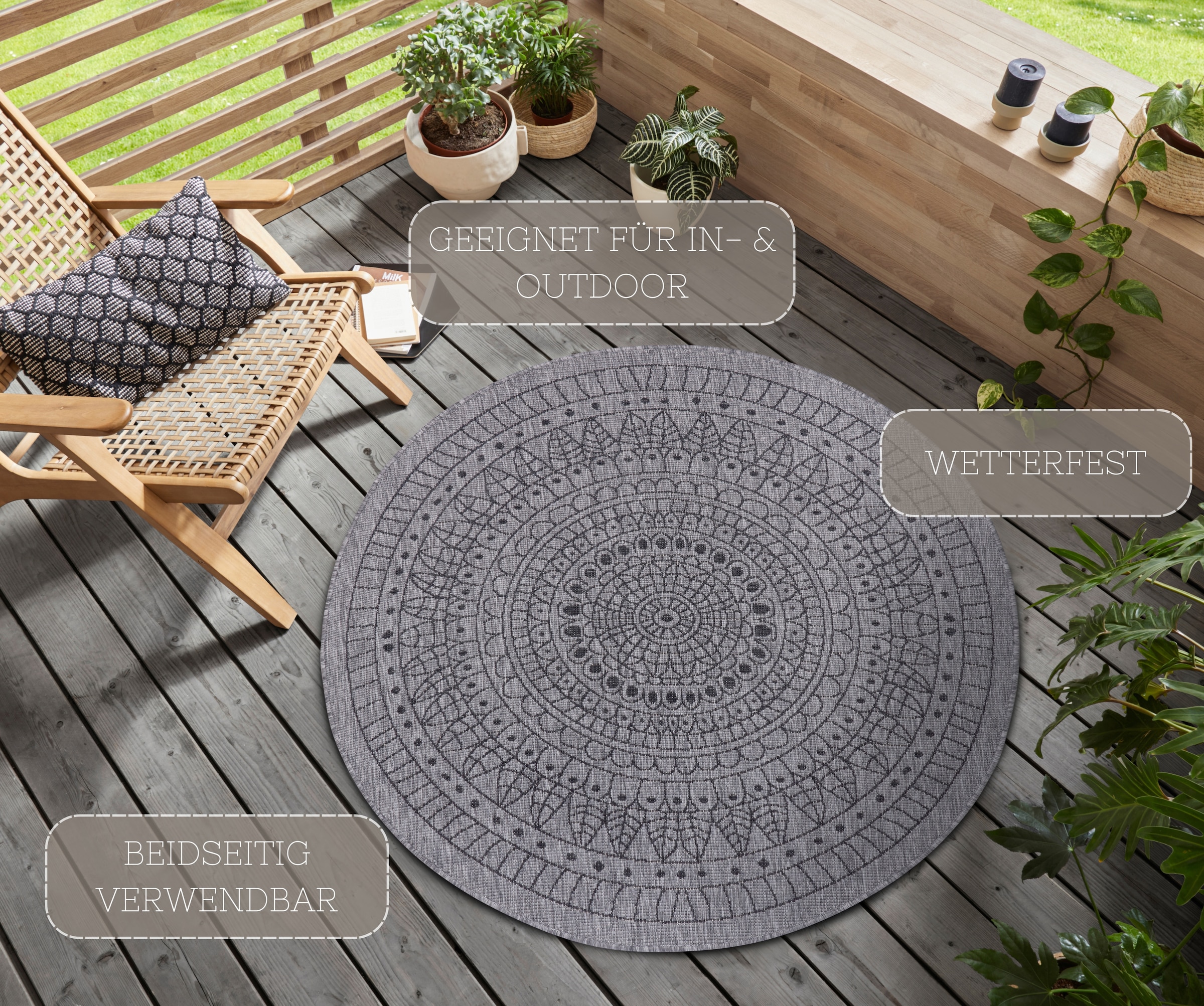 NORTHRUGS Teppich »Porto Wendeteppich«, rund, 5 mm Höhe, In-& Outdoor, Wetterfest, Balkon, Garten, Wohnzimmer, Wasserfest