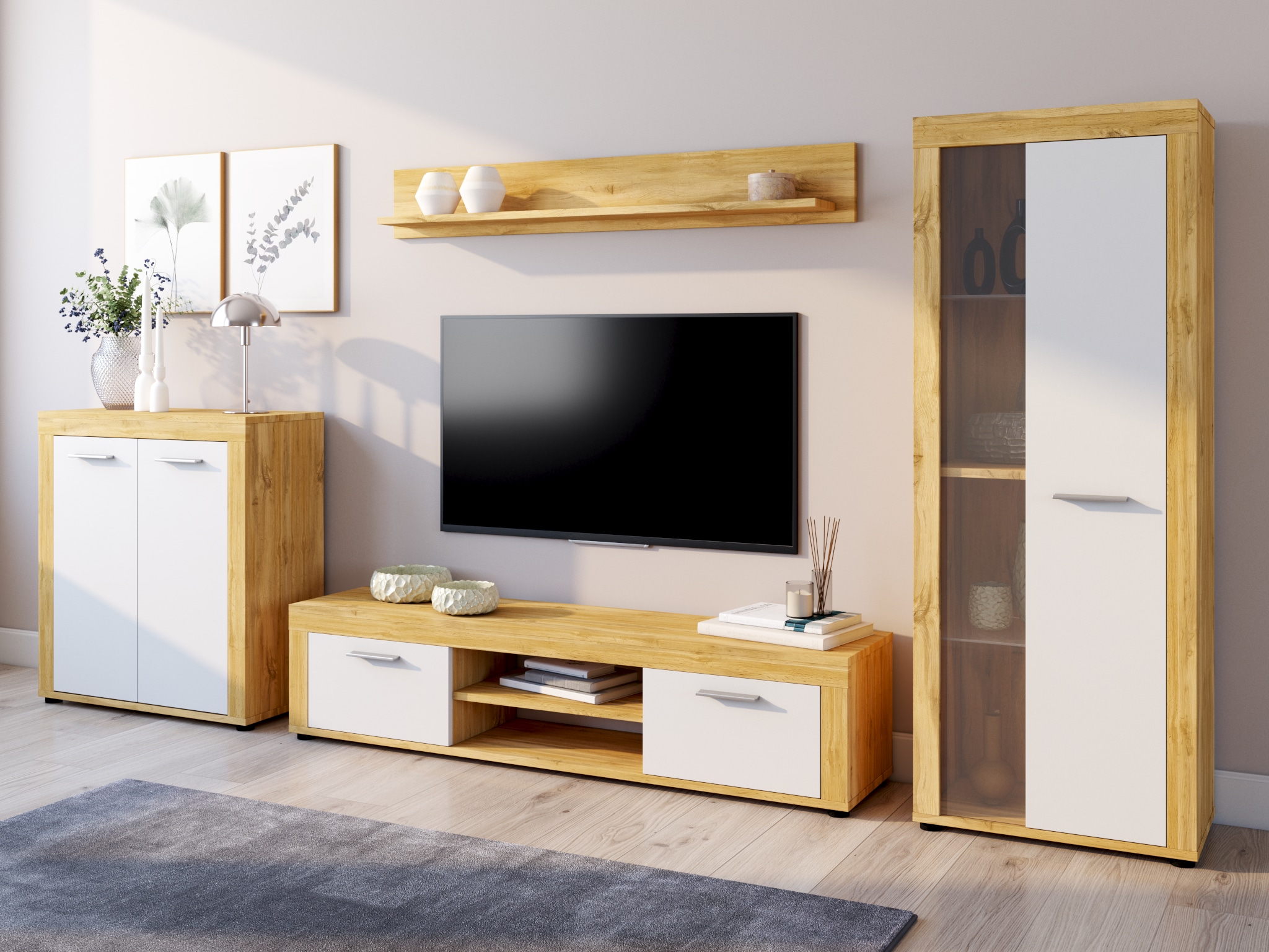 Home affaire Wohnwand »AOSTA, TOPSELLER!, Breite 330cm, 4-teilige Wohn-Kombination« bestehend aus: Highboard, Lowboard, Wandboard, Vitrine, 4 Stk. tlg.